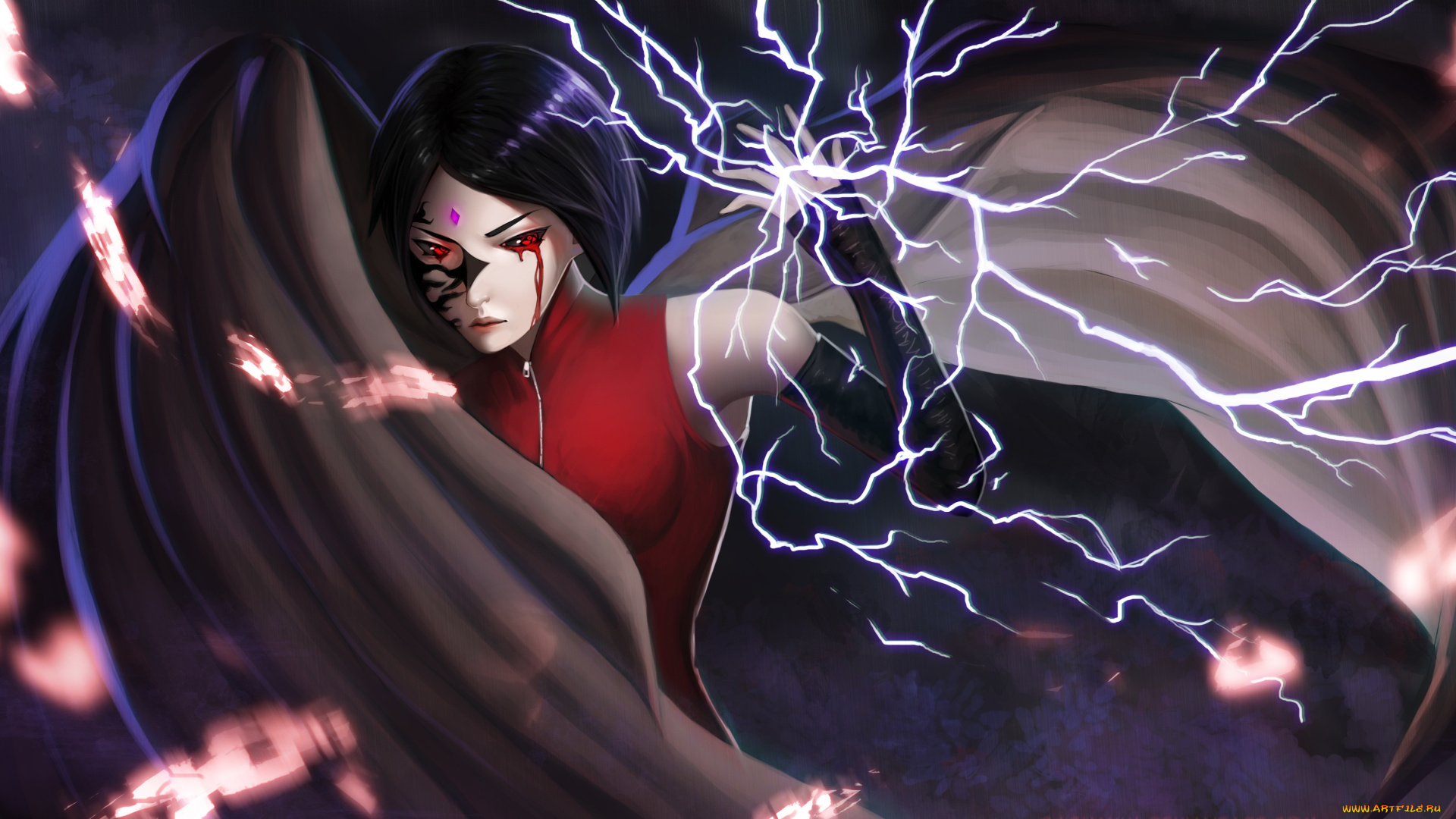 аниме, naruto, плащ, девушка, молния, брюнетка, арт