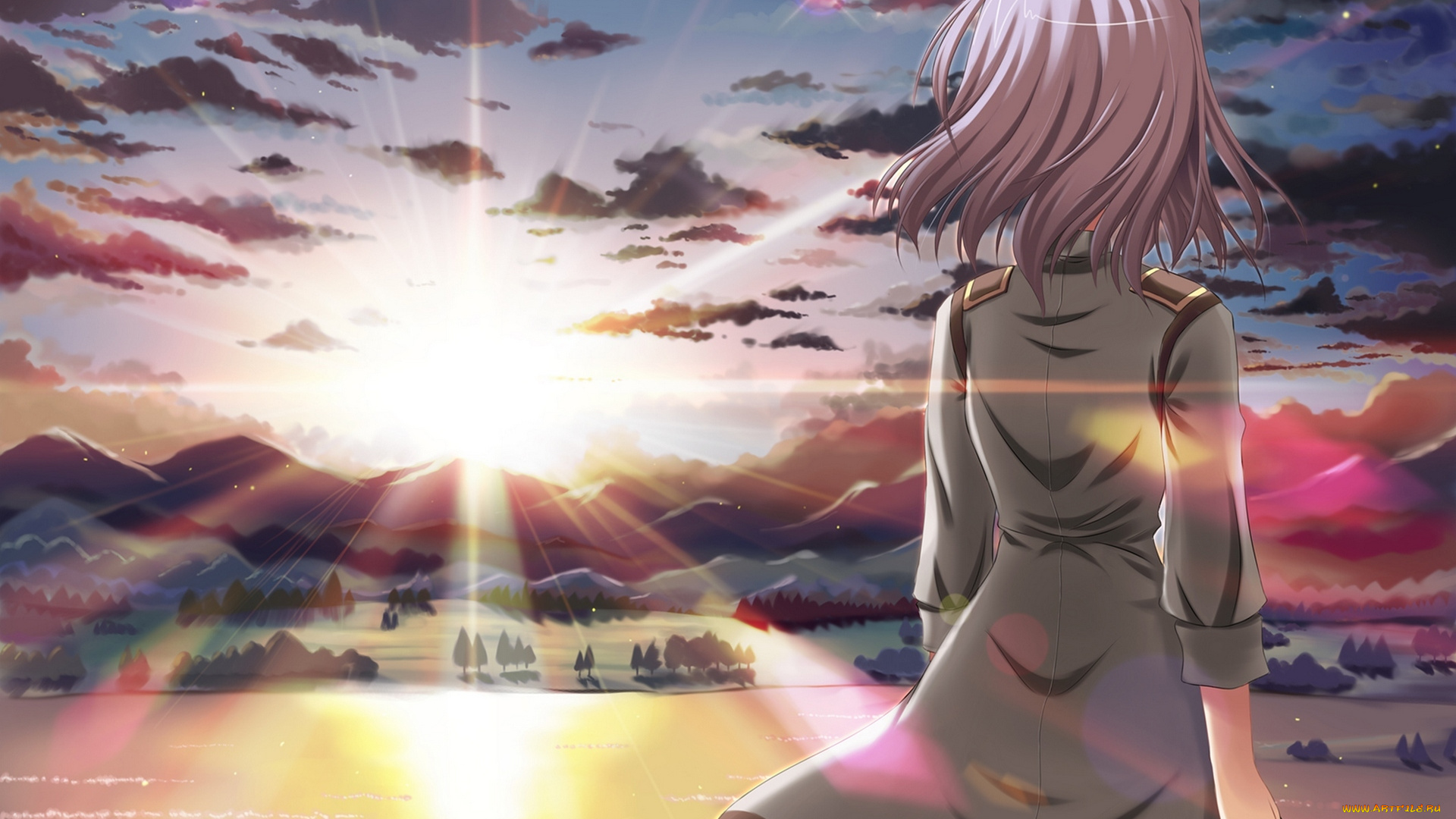 аниме, seitokai, no, ichizon, горы, природа, закат, спина, девушка, sakurano, kurimu, солнце, облака, небо, eden, арт