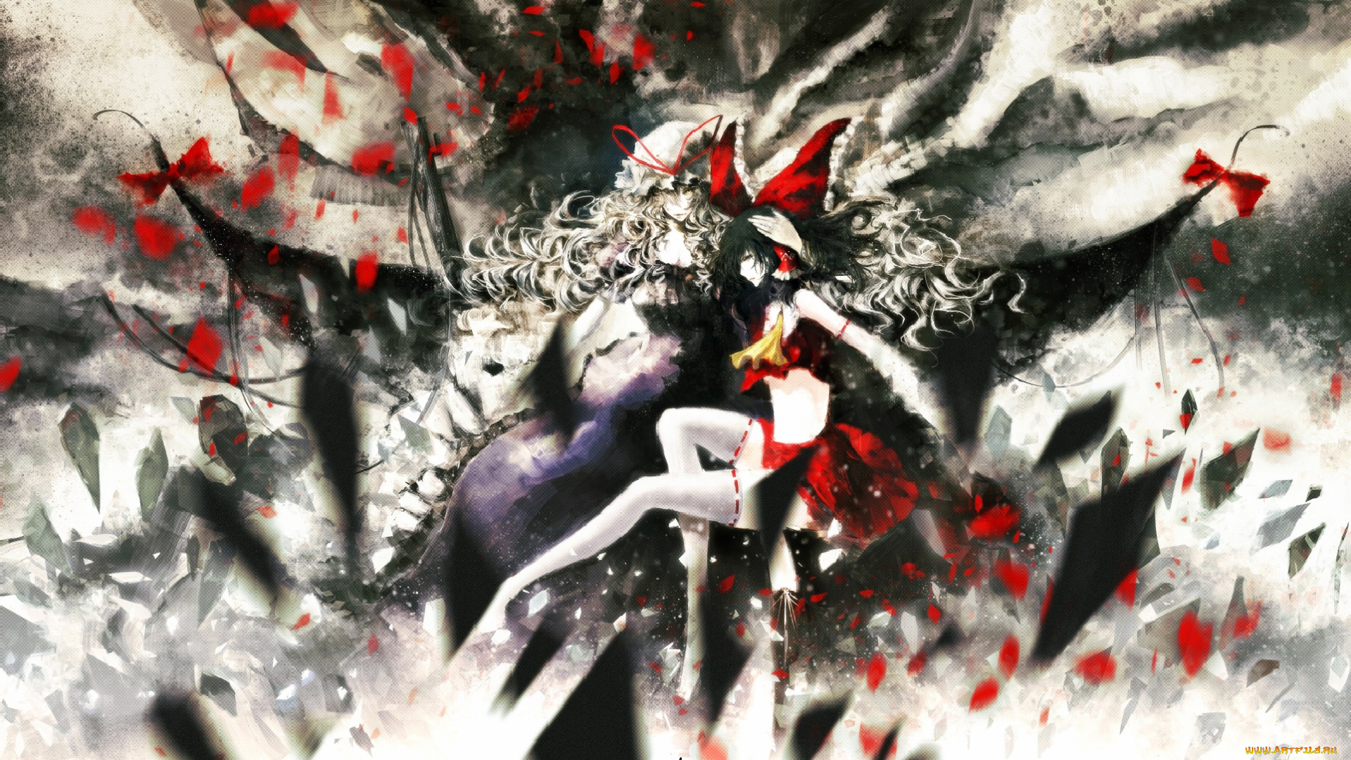 аниме, touhou, бант, чепчик, iori, hakurei, reimu, yakumo, yukari, девушки, осколки, арт