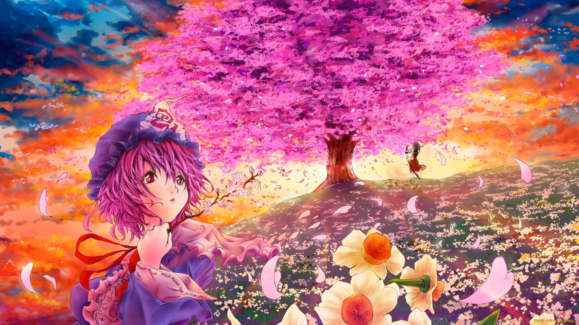 аниме, touhou, дерево, девушки, лепестки, сакура, hakurei, reimu, saigyouji, yuyuko, onokoro401, арт, облака, небо, цветы