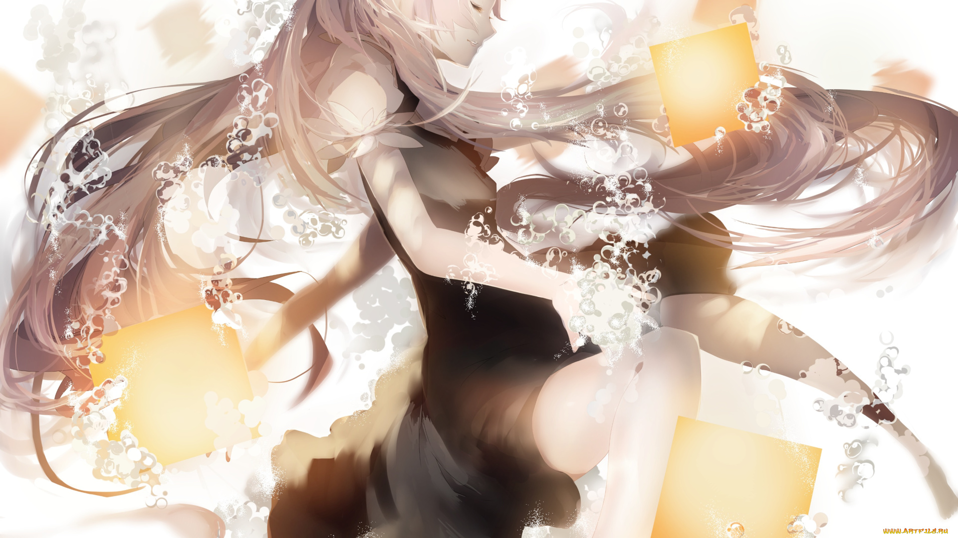 аниме, vocaloid, saihate, вода, пузырьки, фон, арт, девушка, кубики, пена, hatsune, miku