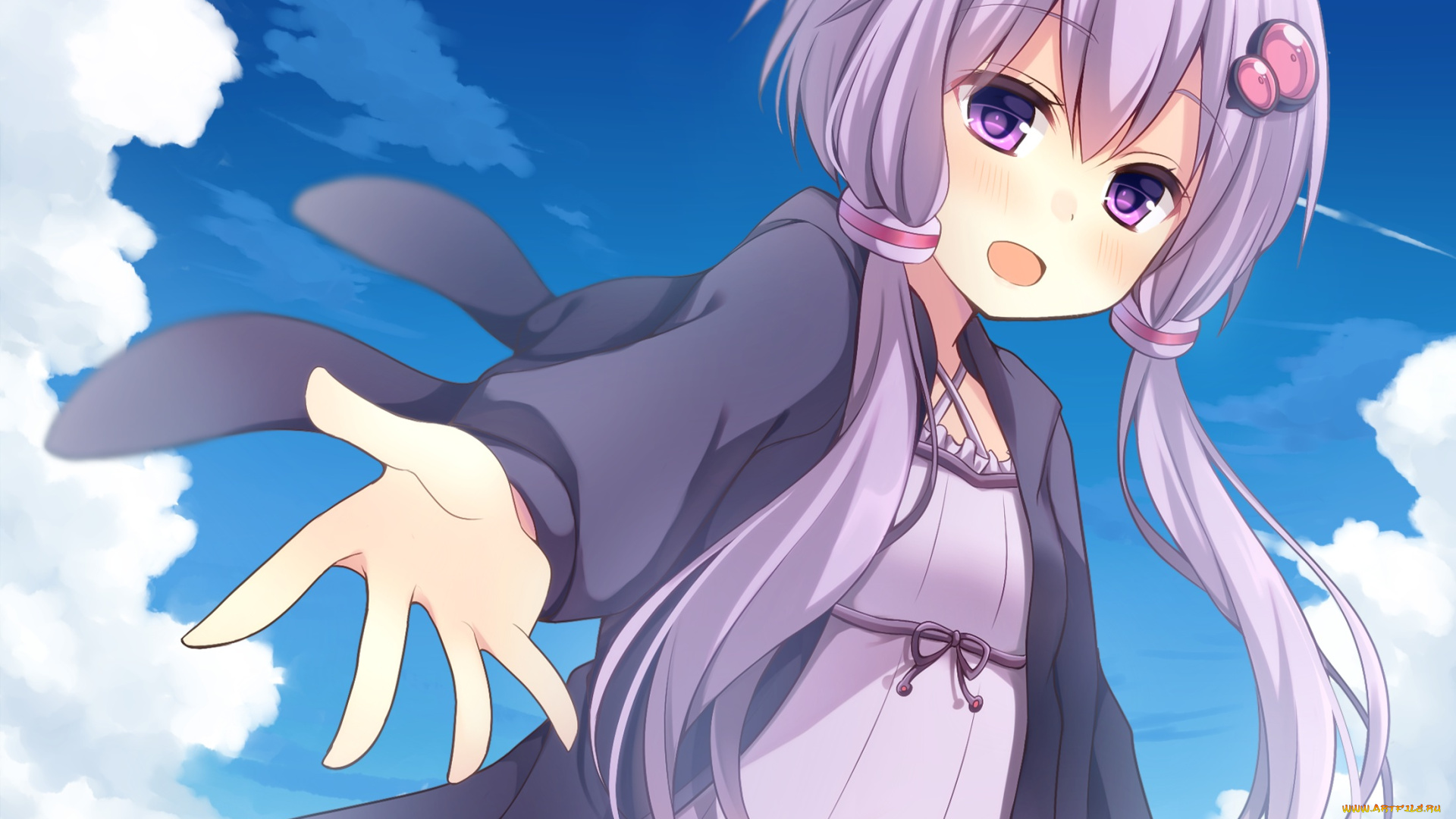 аниме, vocaloid, yuzuki, yukari, komomo, ptkrx, рука, небо, облака, арт, девочка