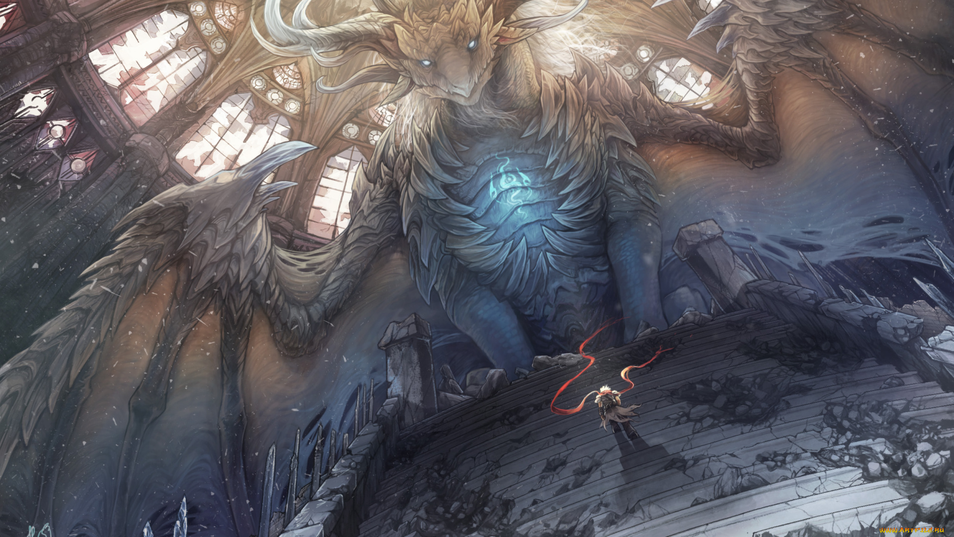 аниме, животные, , существа, купол, руины, cporing, ступени, парень, дракон, арт