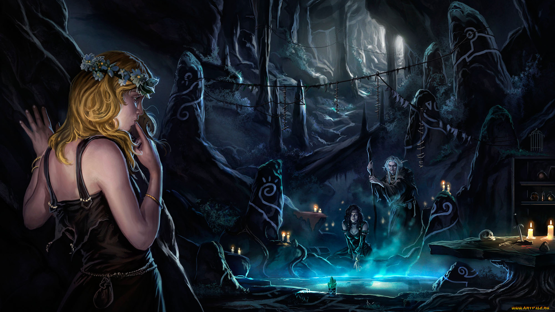 фэнтези, девушки, арт, ведьма, палка, посох, озеро, девушка, любопытство, колдовство, завораживает, блондинка