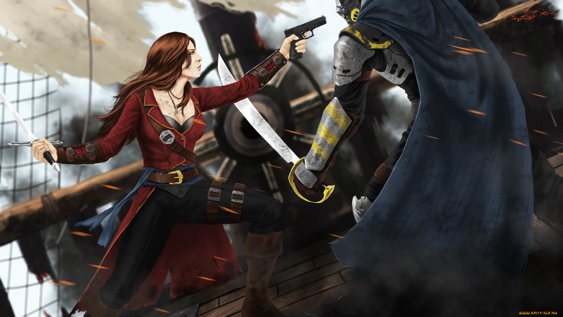 фэнтези, девушки, плащь, броня, мужчина, сабля, арт, фантастика, корабль, маска, пистолет, пират, девушка