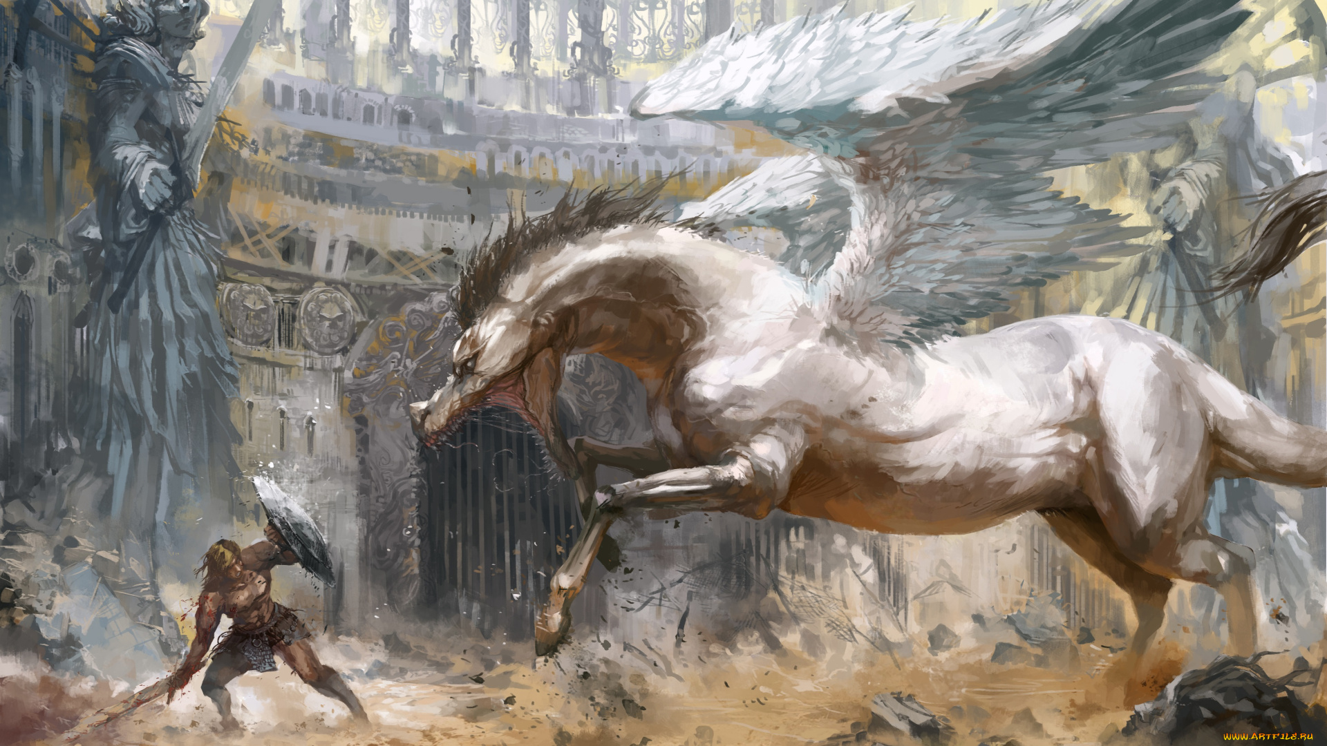 фэнтези, пегасы, геркулес, щит, меч, воин, крылья, пегас, конь, монстр, бой, арена