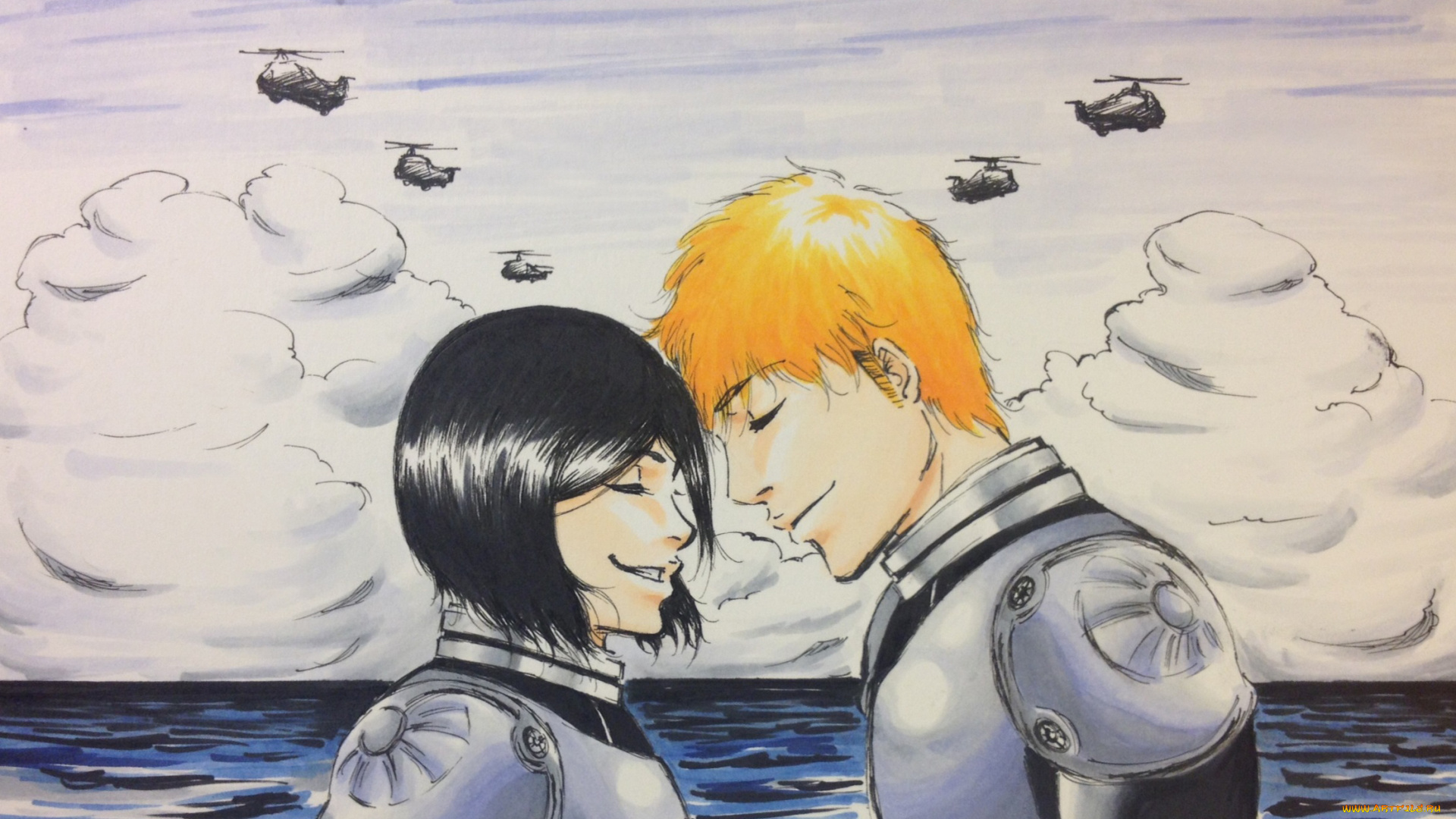 разное, арты, девушка, pacific, rim, вертолеты, парень, rukia, kuchiki, shinigami, ichigo, kurosaki, bleach, crossover