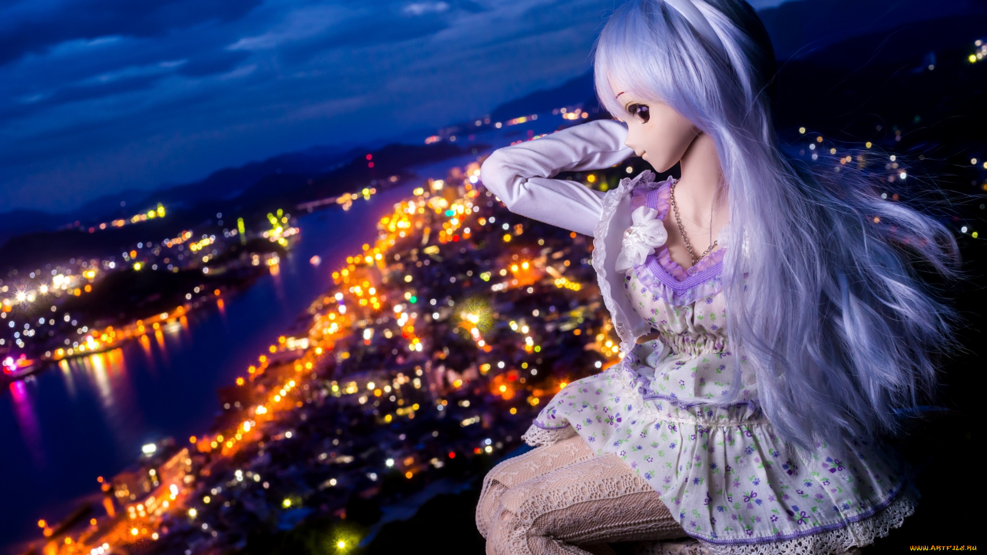 разное, игрушки, кукла, настроение, огни, город, ночь, девушка