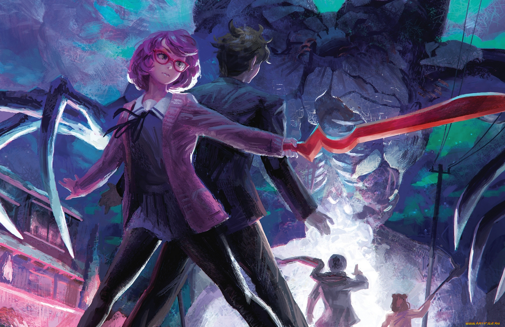 аниме, kyoukai, no, kanata, doyora, оружие, арт, чудовище, парень, девушка, kuriyama, mirai, kyoukai, no, kanata, школьница, меч