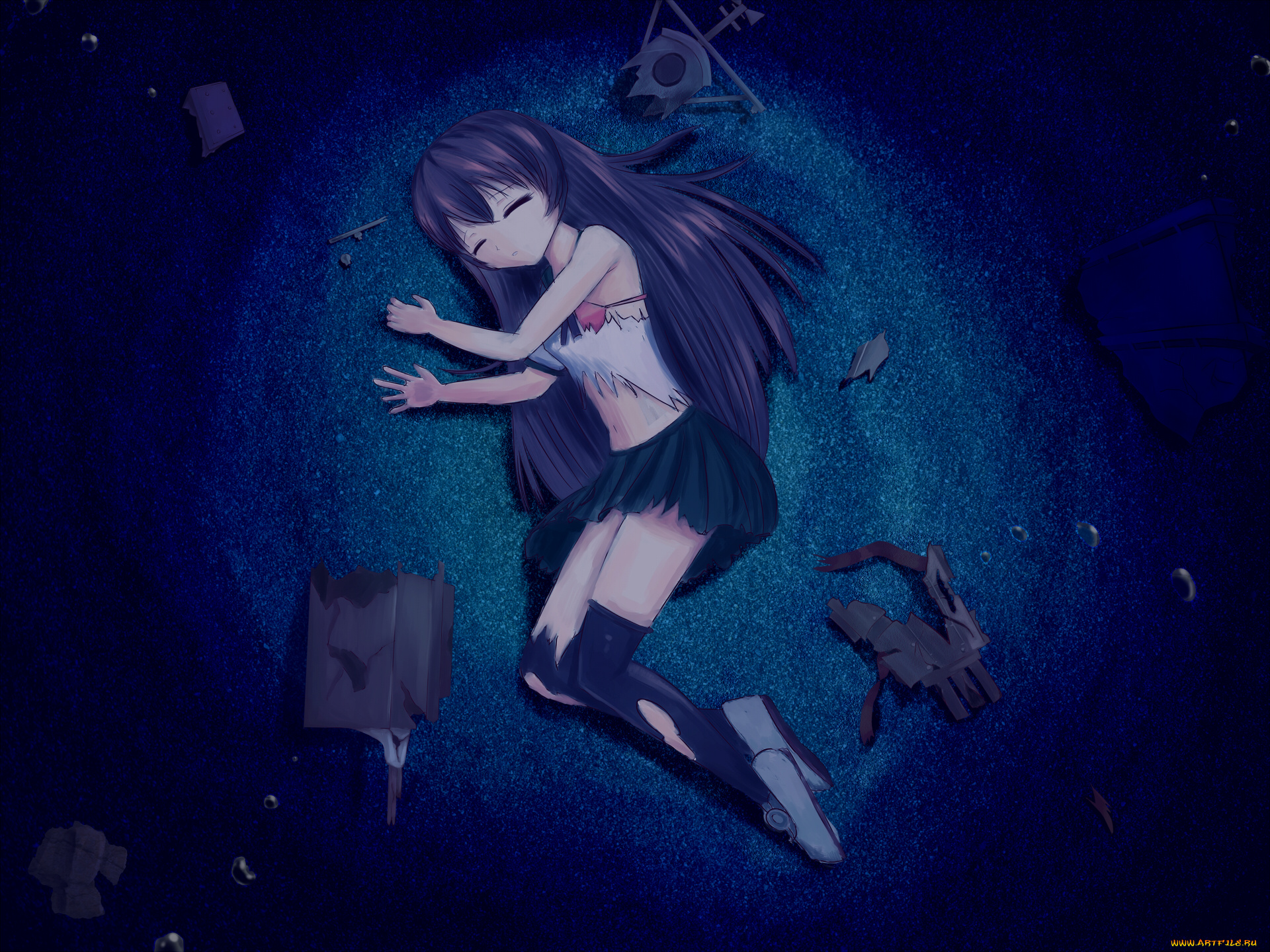 аниме, kantai, collection, kantai, collection, kisaragi, ночь, песок, обломки, kancolle, tagme, artist, арт, девушка