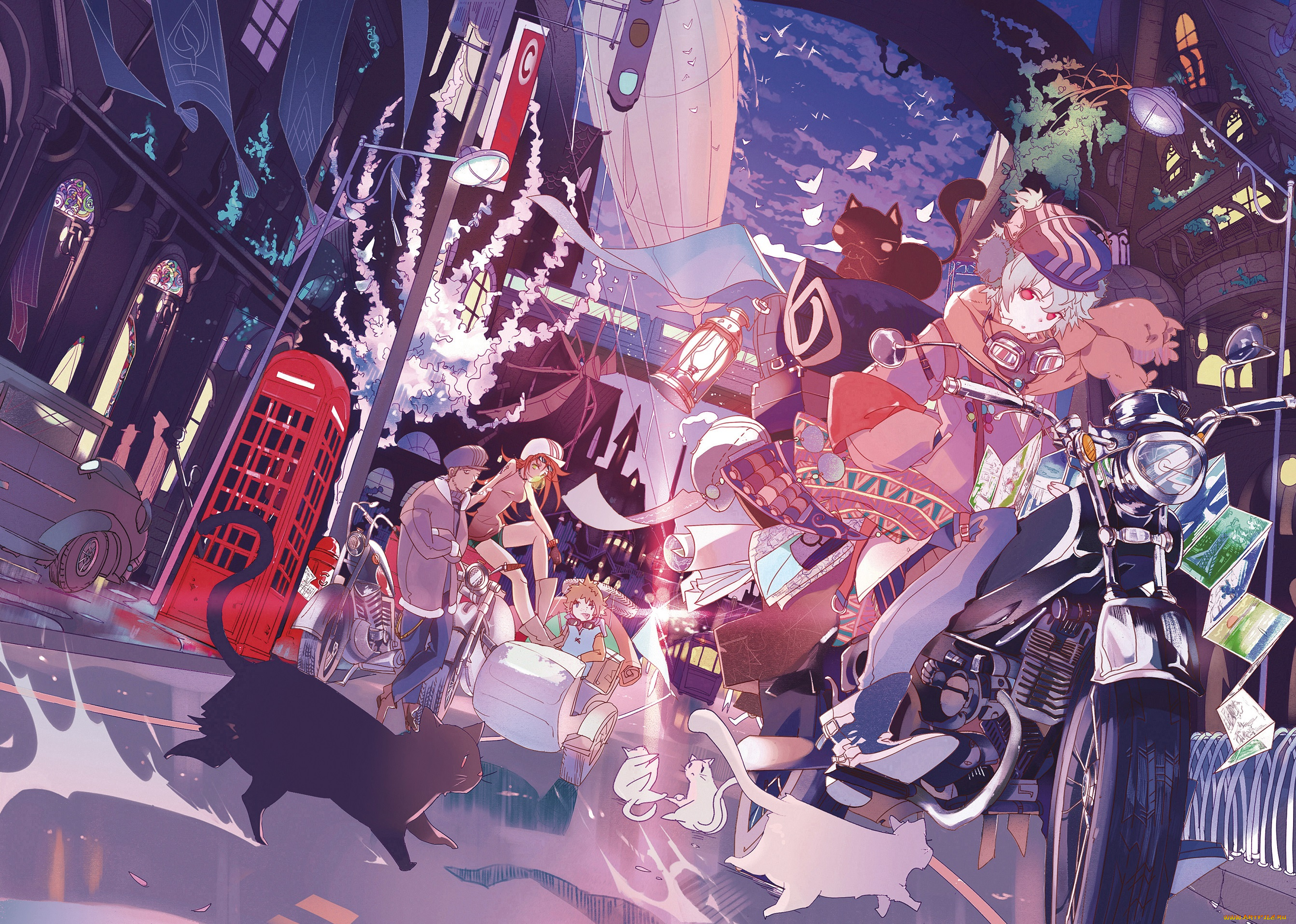 аниме, город, , улицы, , здания, дирижабль, мотоцикл, транспорт, кошки, люди, арт, hpknight