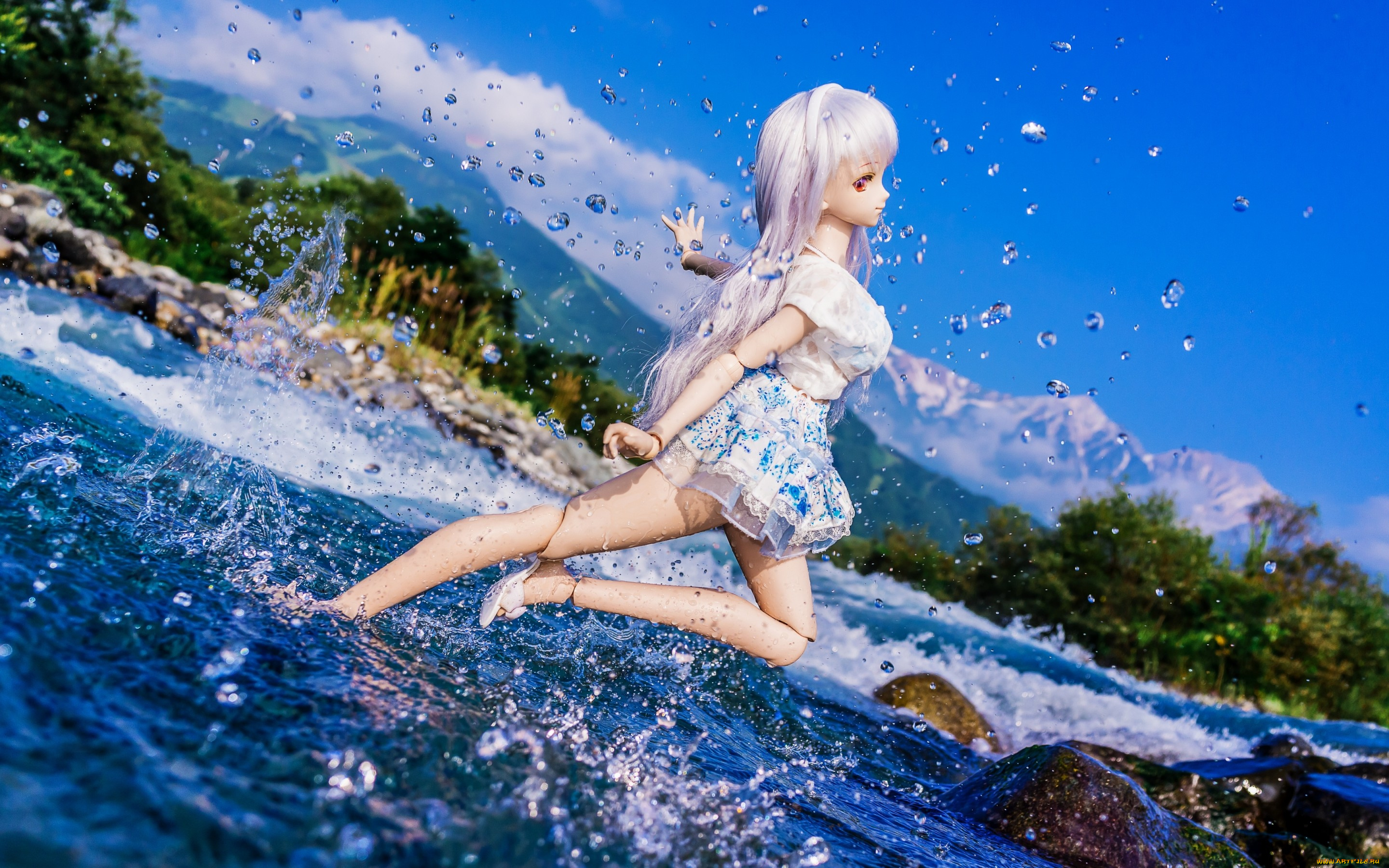 разное, игрушки, настроение, природа, игрушка, кукла, брызги, вода