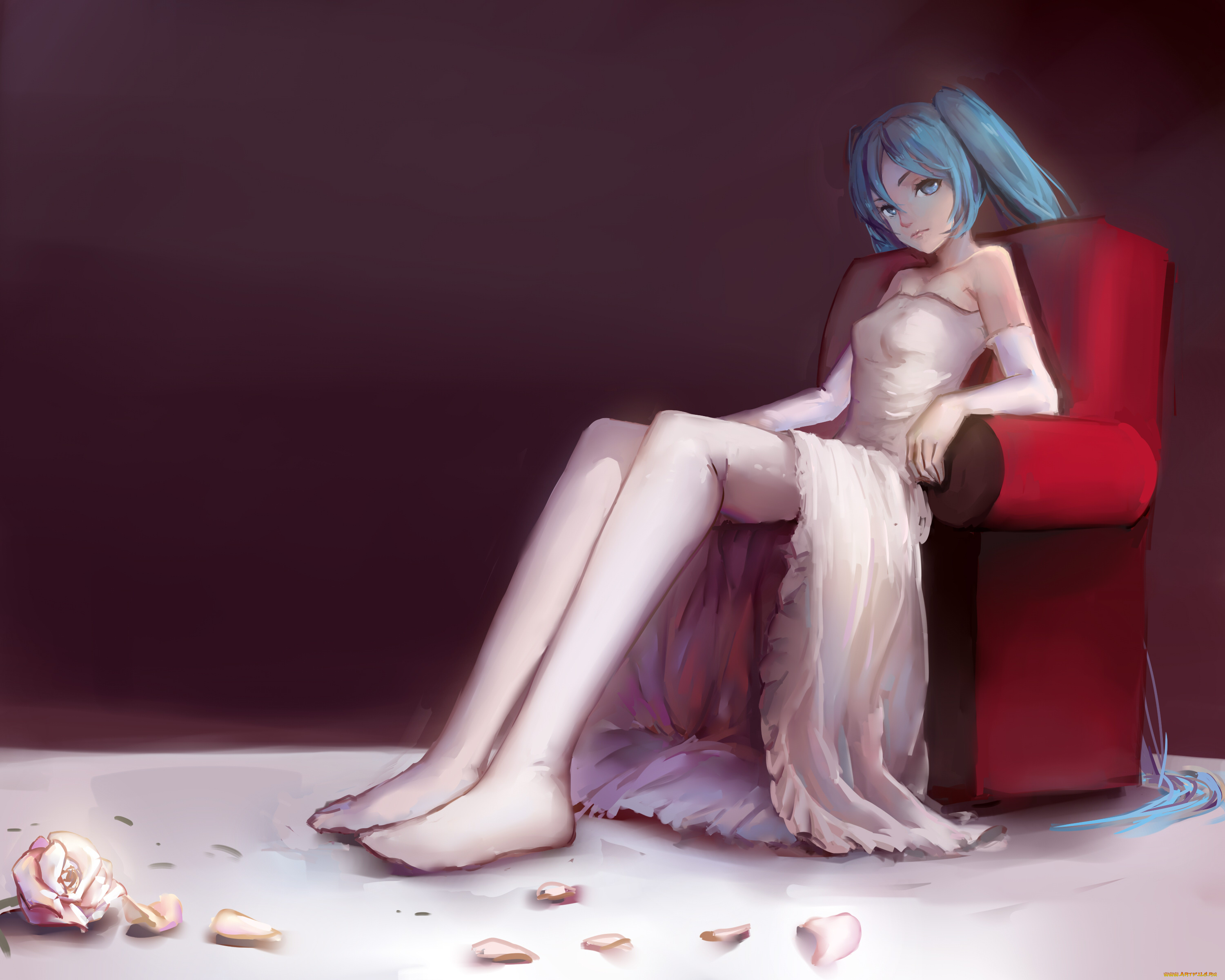 аниме, vocaloid, взгляд, арт, sishenfan, hatsune, miku, сидит, девушка, лепестки, цветок, роза