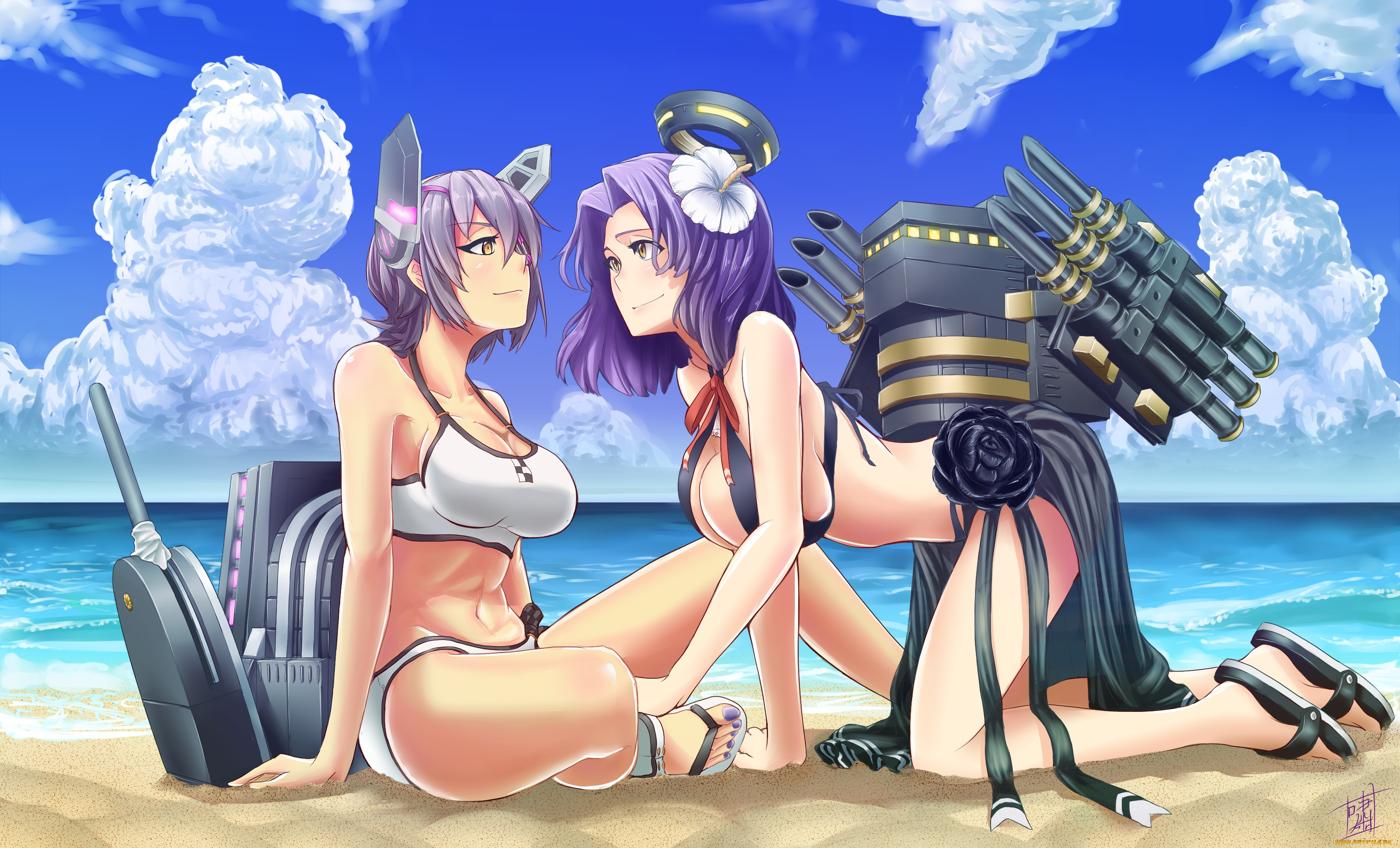 аниме, kantai, collection, девушки, облака, небо, арт, shao, newton, tenryuu, kancolle, море, песок, пляж, лето, tatsuta, kantai, collection