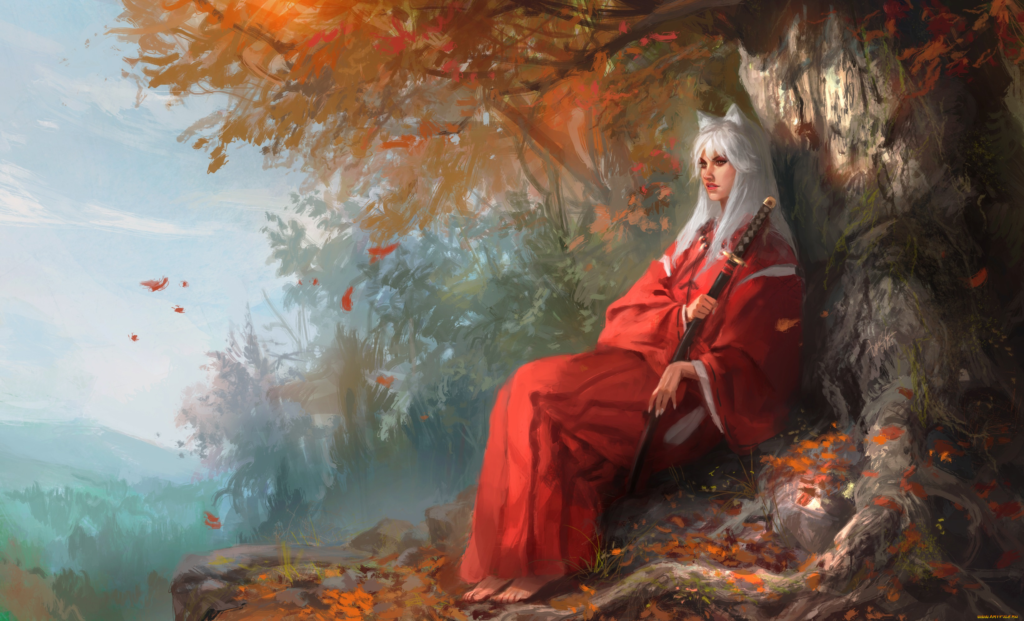 аниме, inuyasha, арт, уши, листья, природа, меч, дерево, female, version
