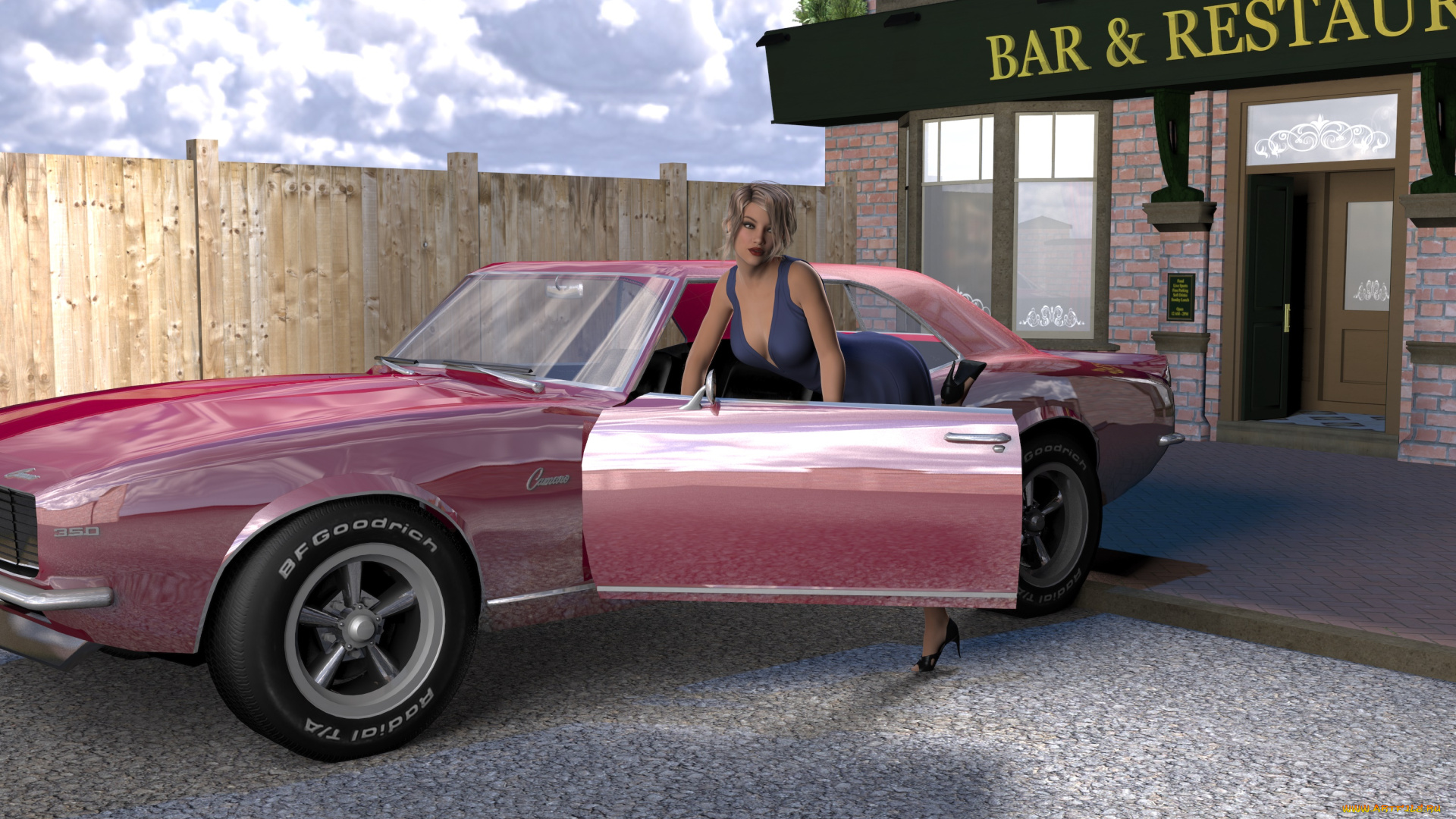 3д, графика, люди-авто, мото, , people-, car, , , moto, девушка, взгляд, фон, автомобиль