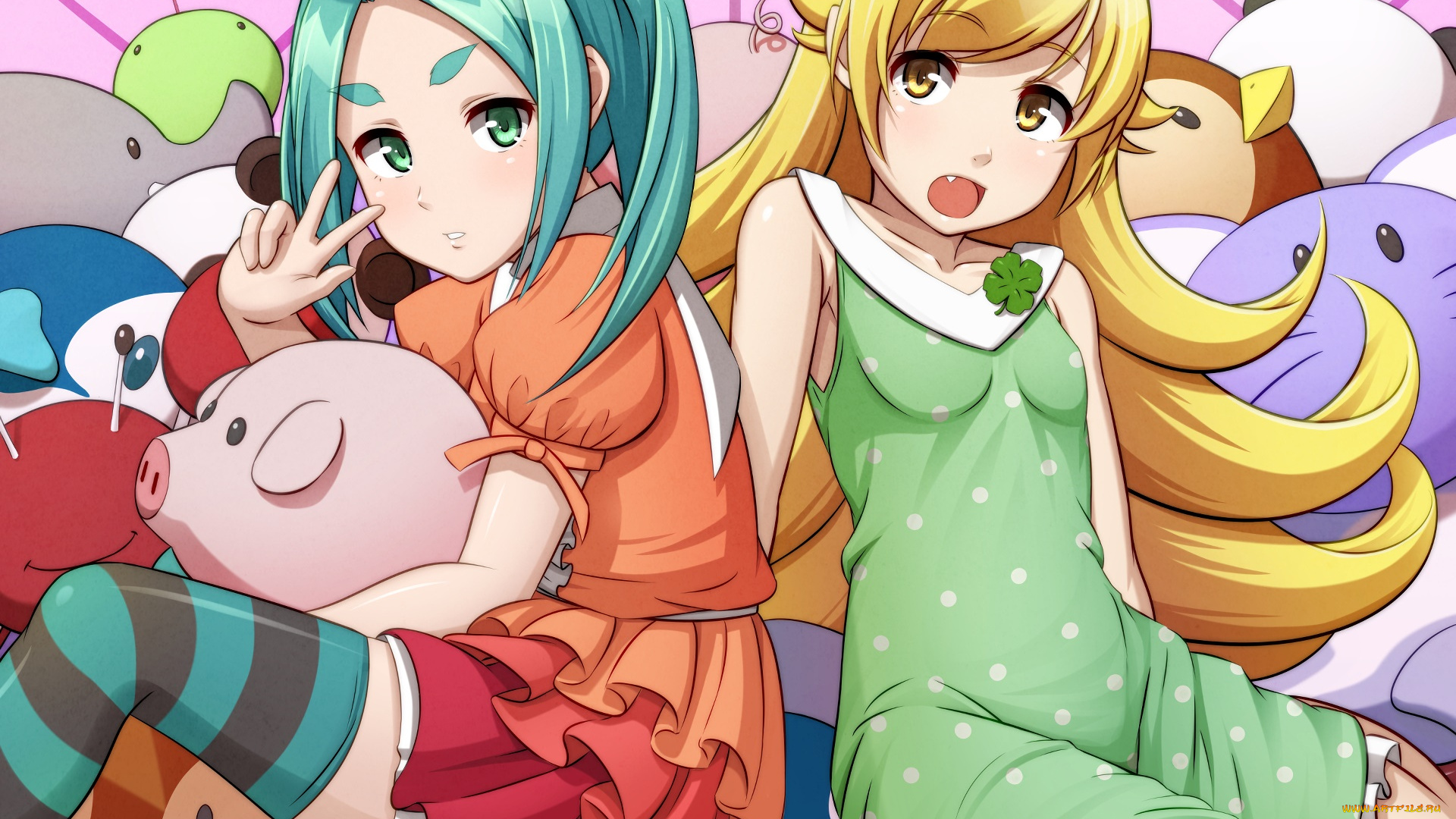 аниме, bakemonogatari, девушки, фон, взгляд