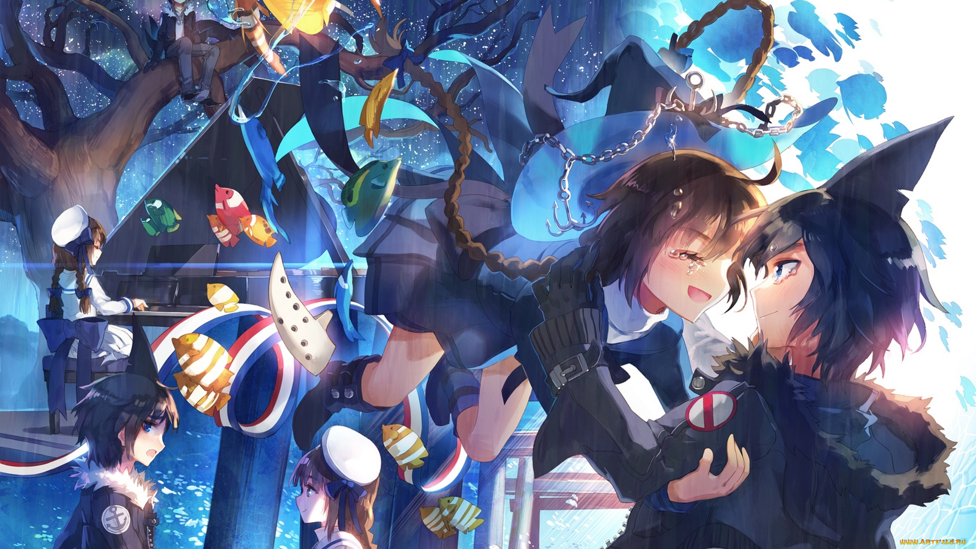 аниме, unknown, , другое, шляпа, рыбки, парни, слезы, цепь, daikaigen, to, девушки, samekichi