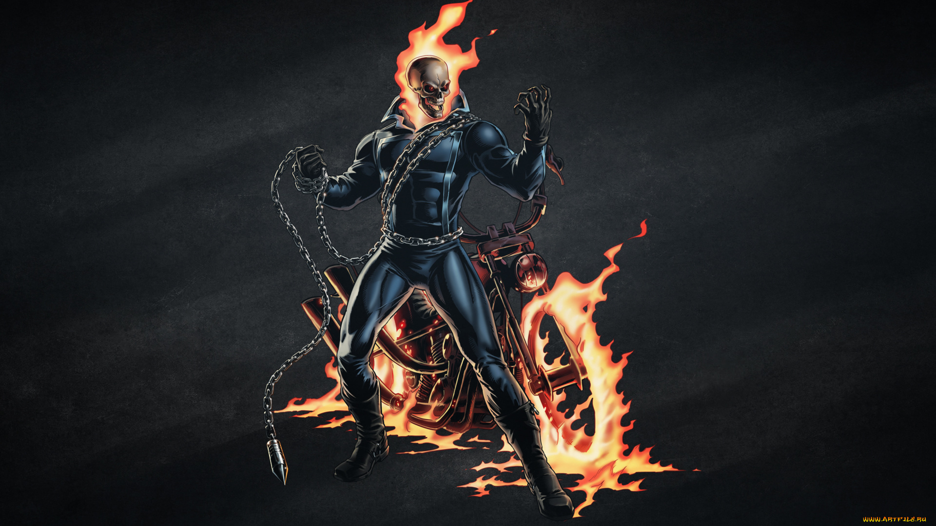 фэнтези, _ghost, rider, огонь, байк, мотоцикл, темный, фон, цепь, череп, скелет, ghost, rider, призрачный, гонщик