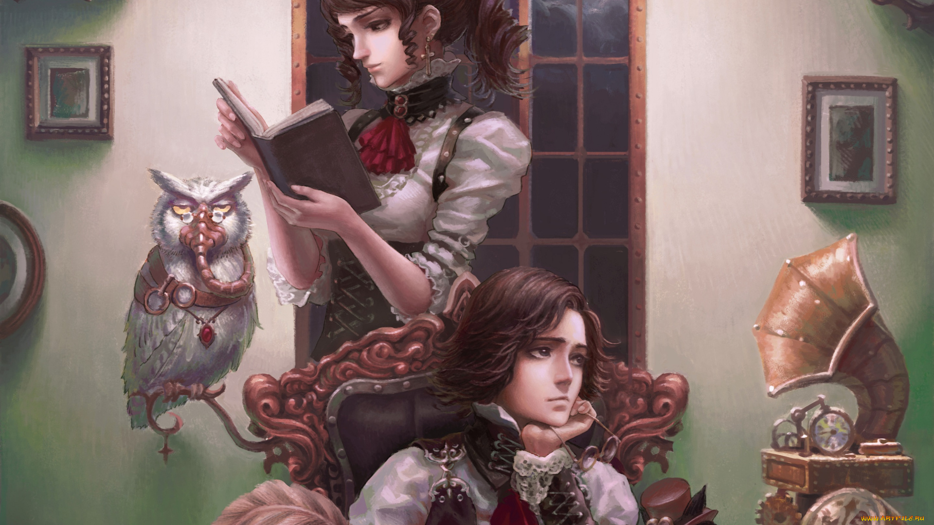 фэнтези, люди, девушка, парень, кот, сова
