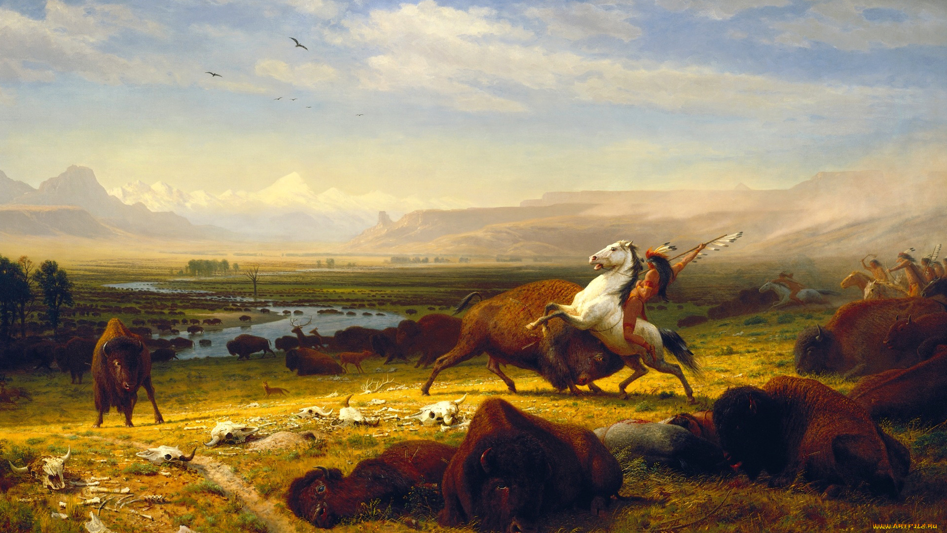 рисованное, живопись, индейцы, бизоны, охота