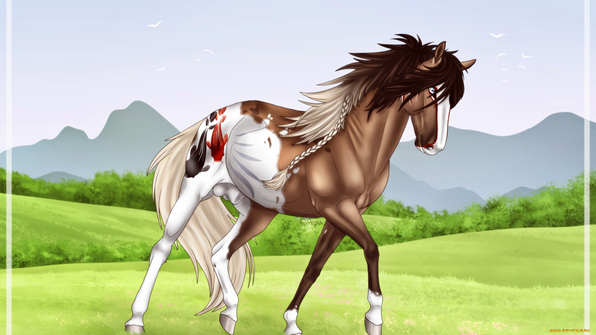 рисованное, животные, , лошади, фон, лошадь