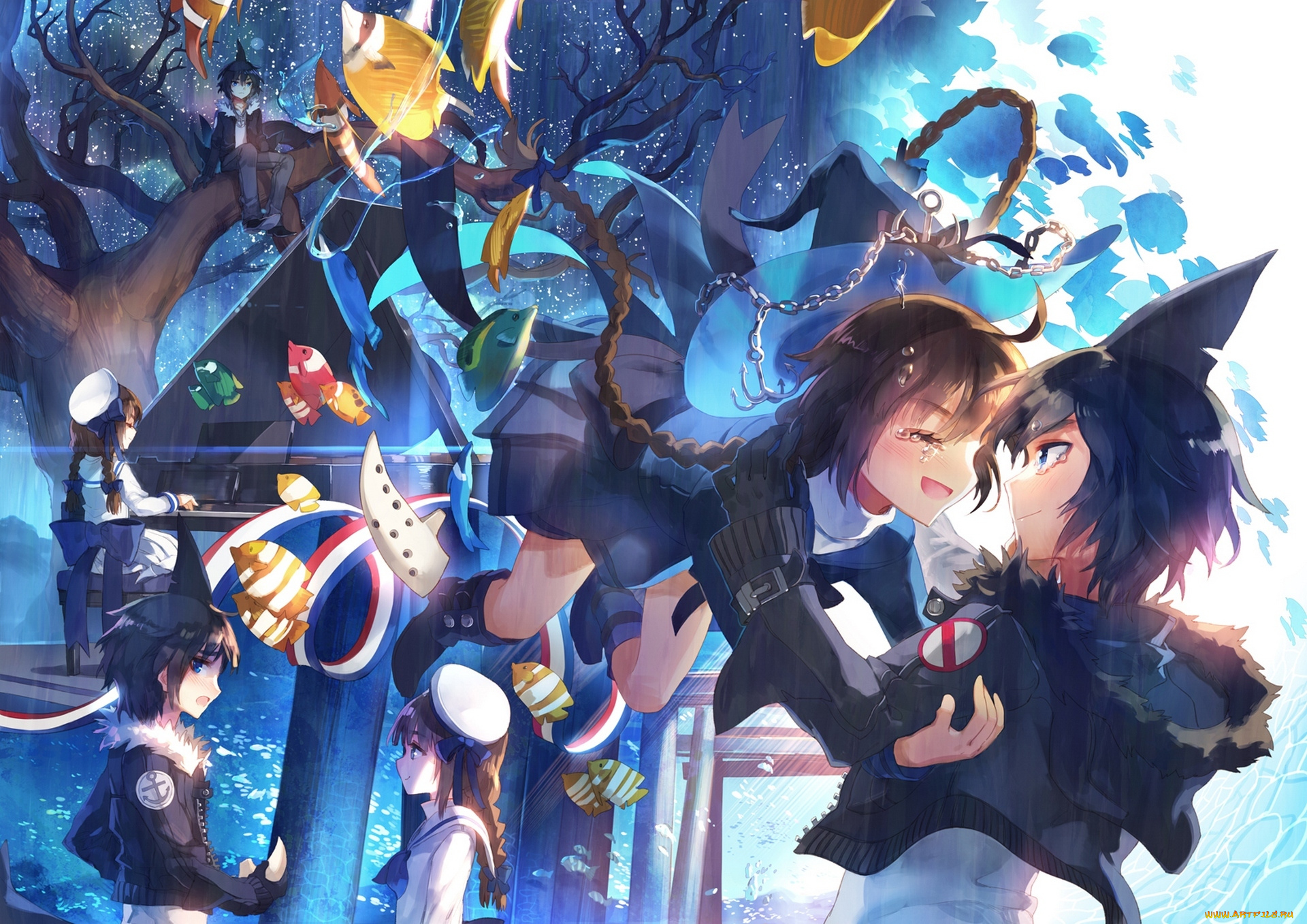 аниме, unknown, , другое, шляпа, рыбки, парни, слезы, цепь, daikaigen, to, девушки, samekichi