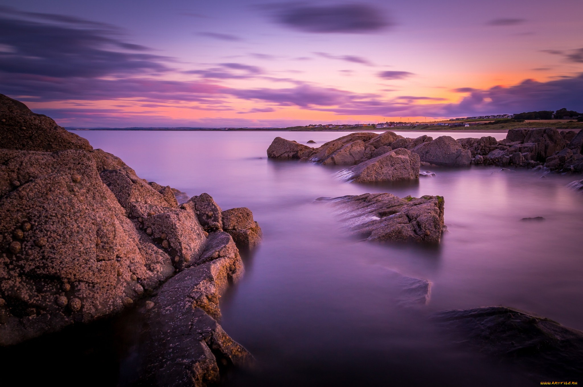 природа, побережье, рассвет, камни, озеро