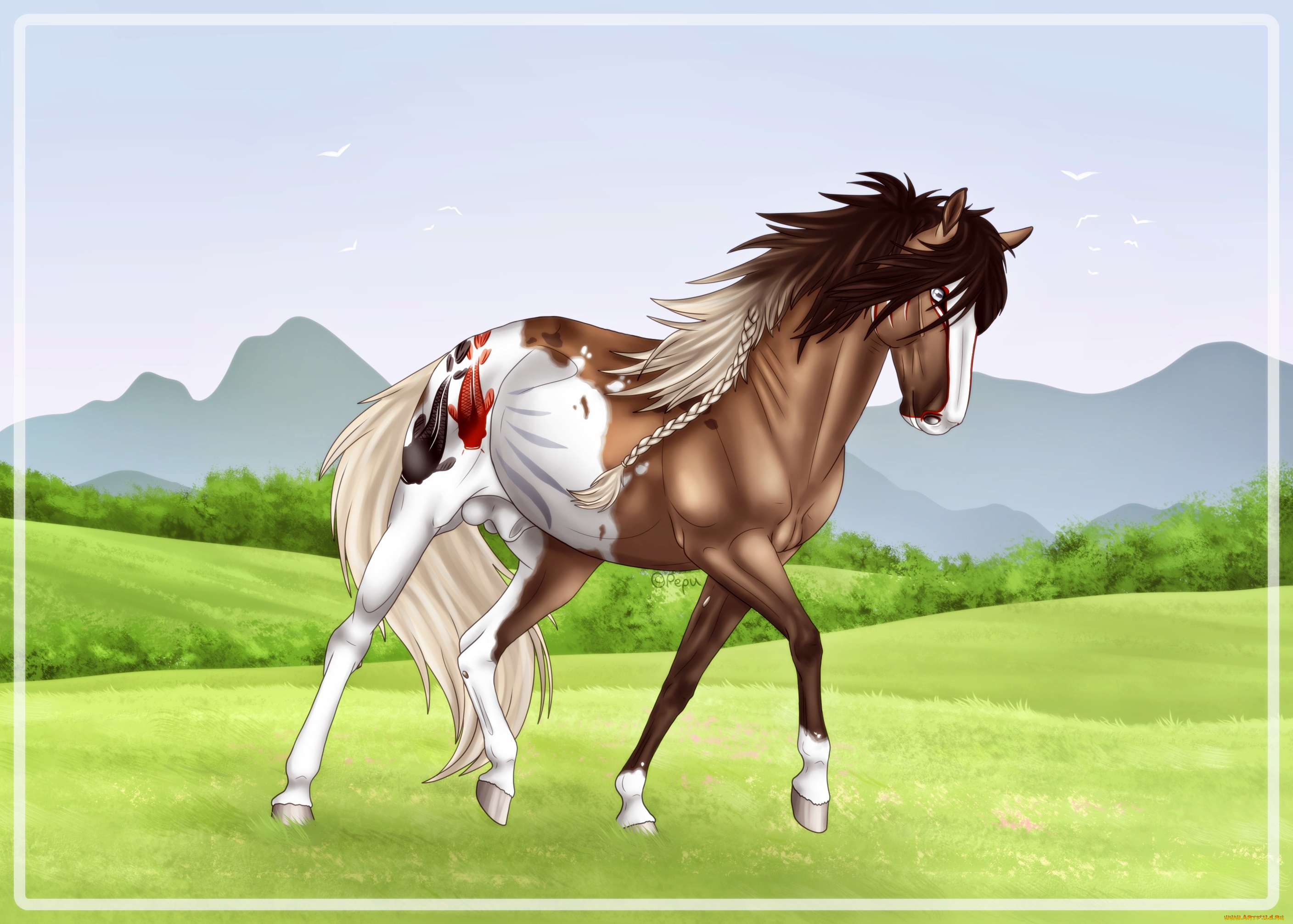 рисованное, животные, , лошади, фон, лошадь