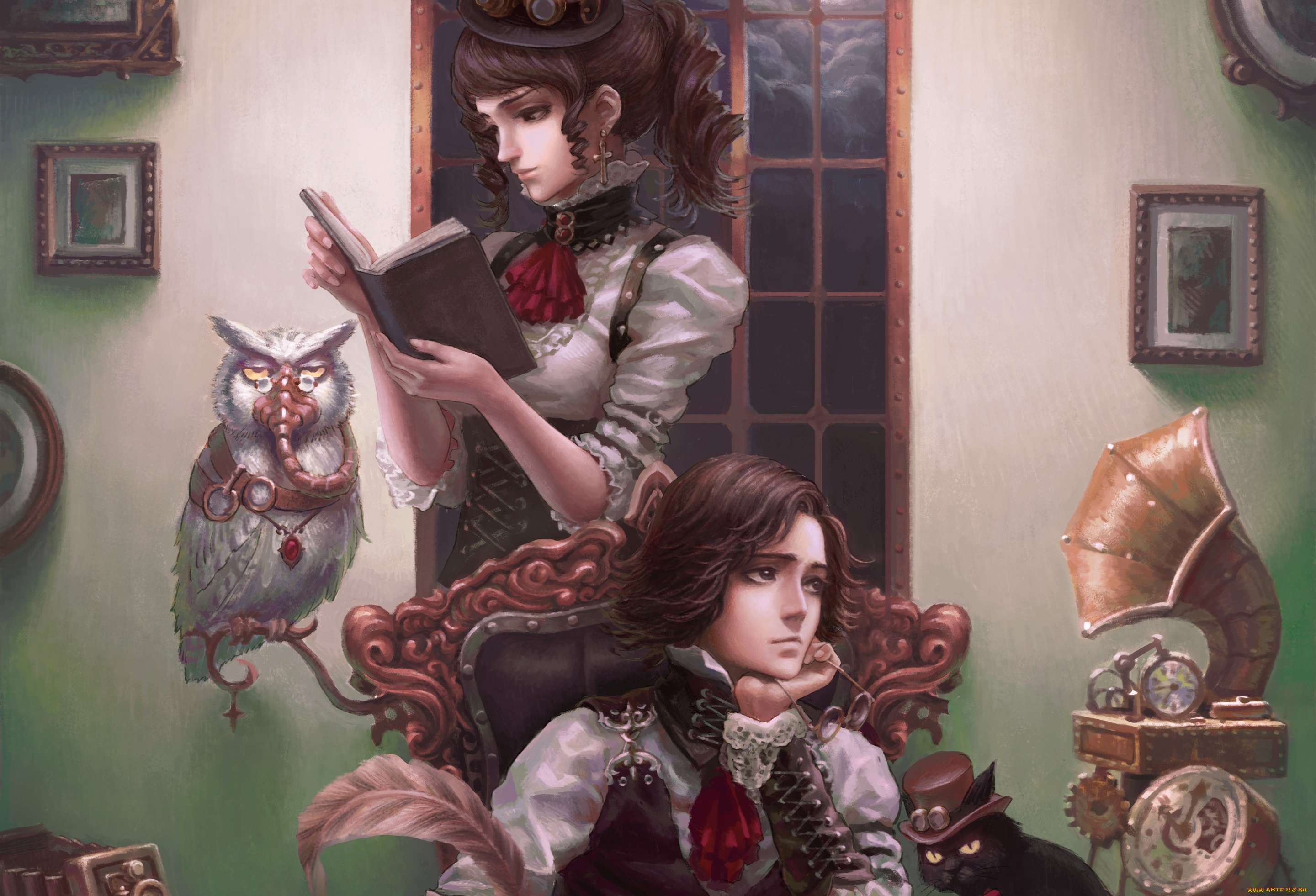 фэнтези, люди, девушка, парень, кот, сова