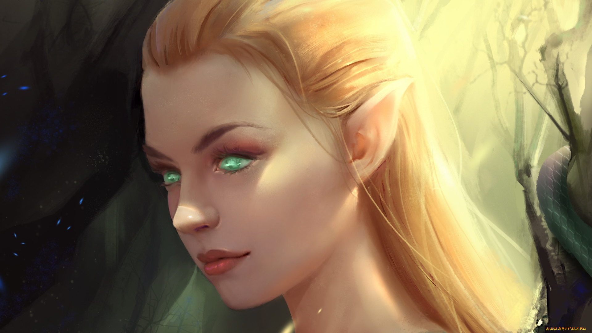 фэнтези, эльфы, взгляд, эльфийка, fantasy, зеленые, глаза, профиль, art
