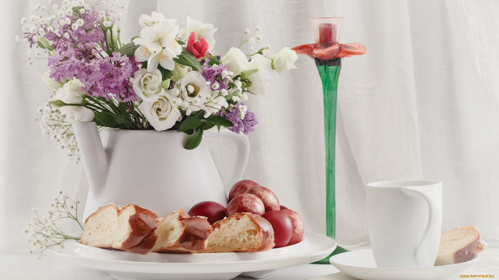 праздничные, пасха, свеча, цветы, яйца, праздник