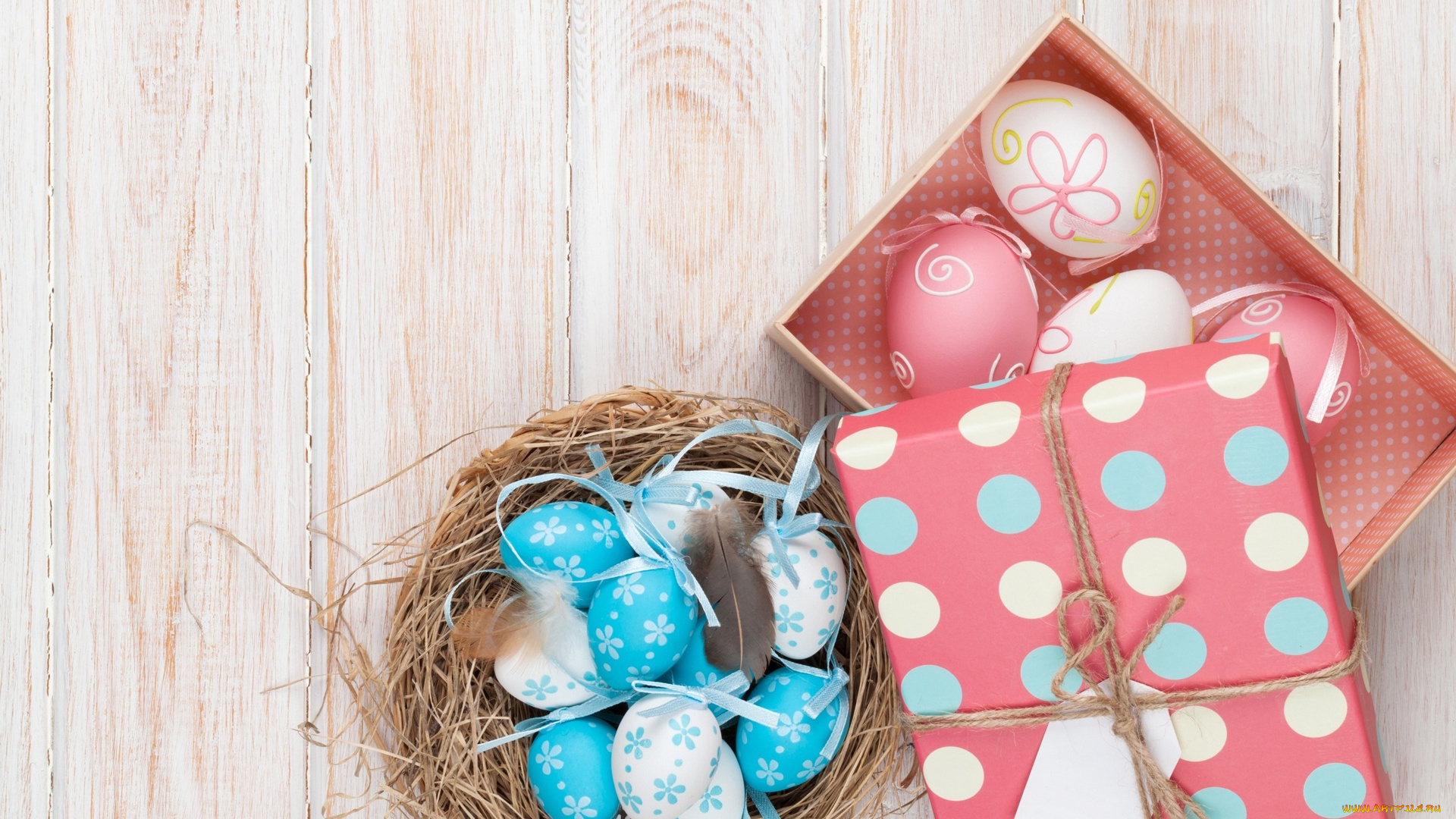 праздничные, пасха, яйцо, перья, гнездо, коробка