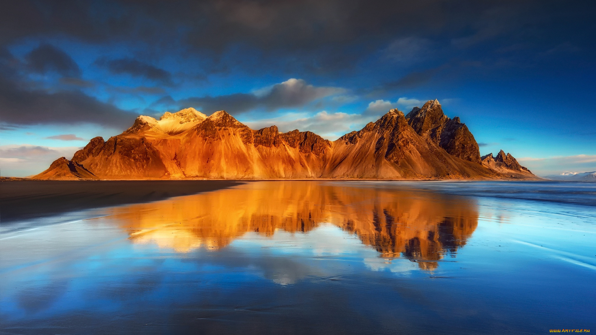 природа, моря, океаны, исландия, пляж, отражение, горы, облака, небо