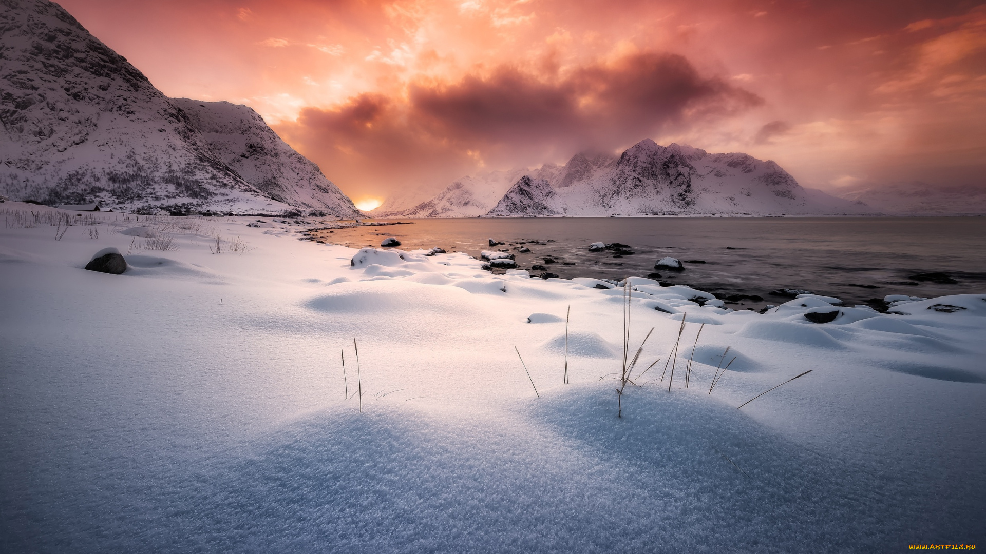 природа, реки, озера, зима, снег, горы, вечер, облака, север