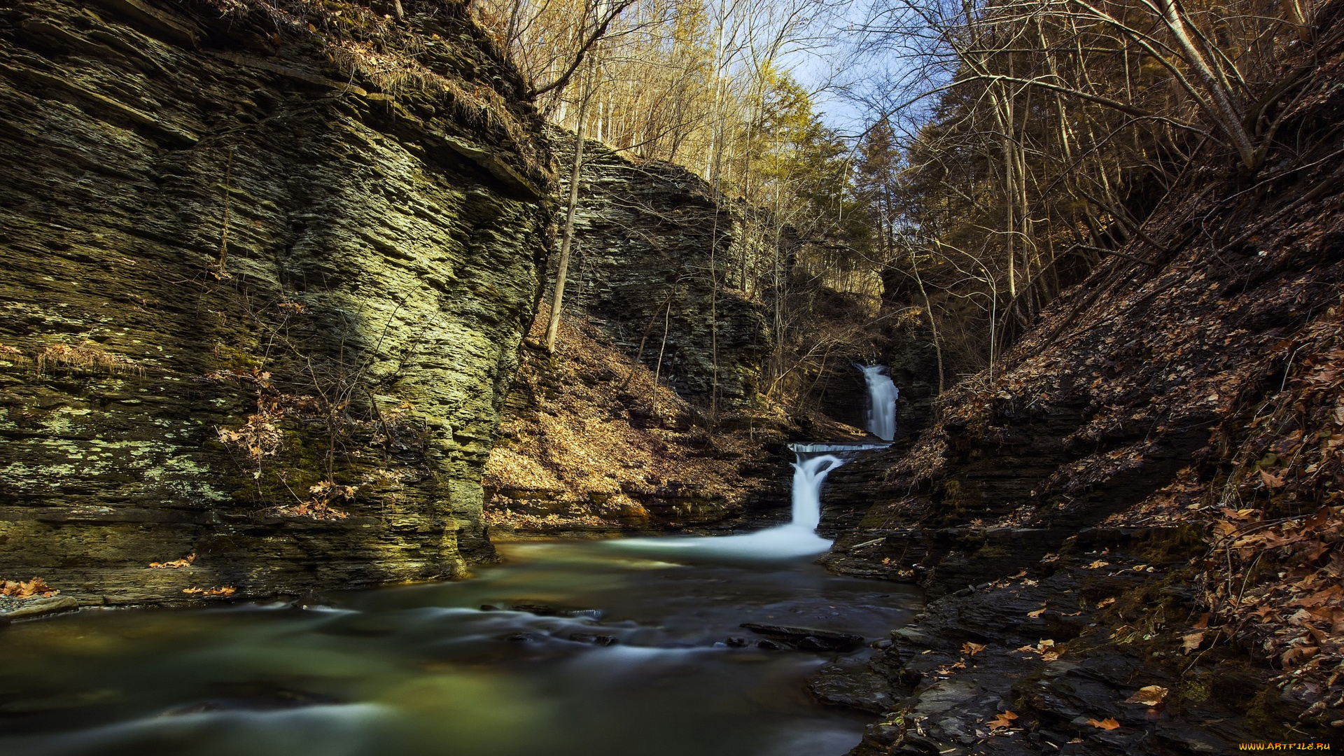 природа, водопады, листва, деревья, водоем, камни, растения