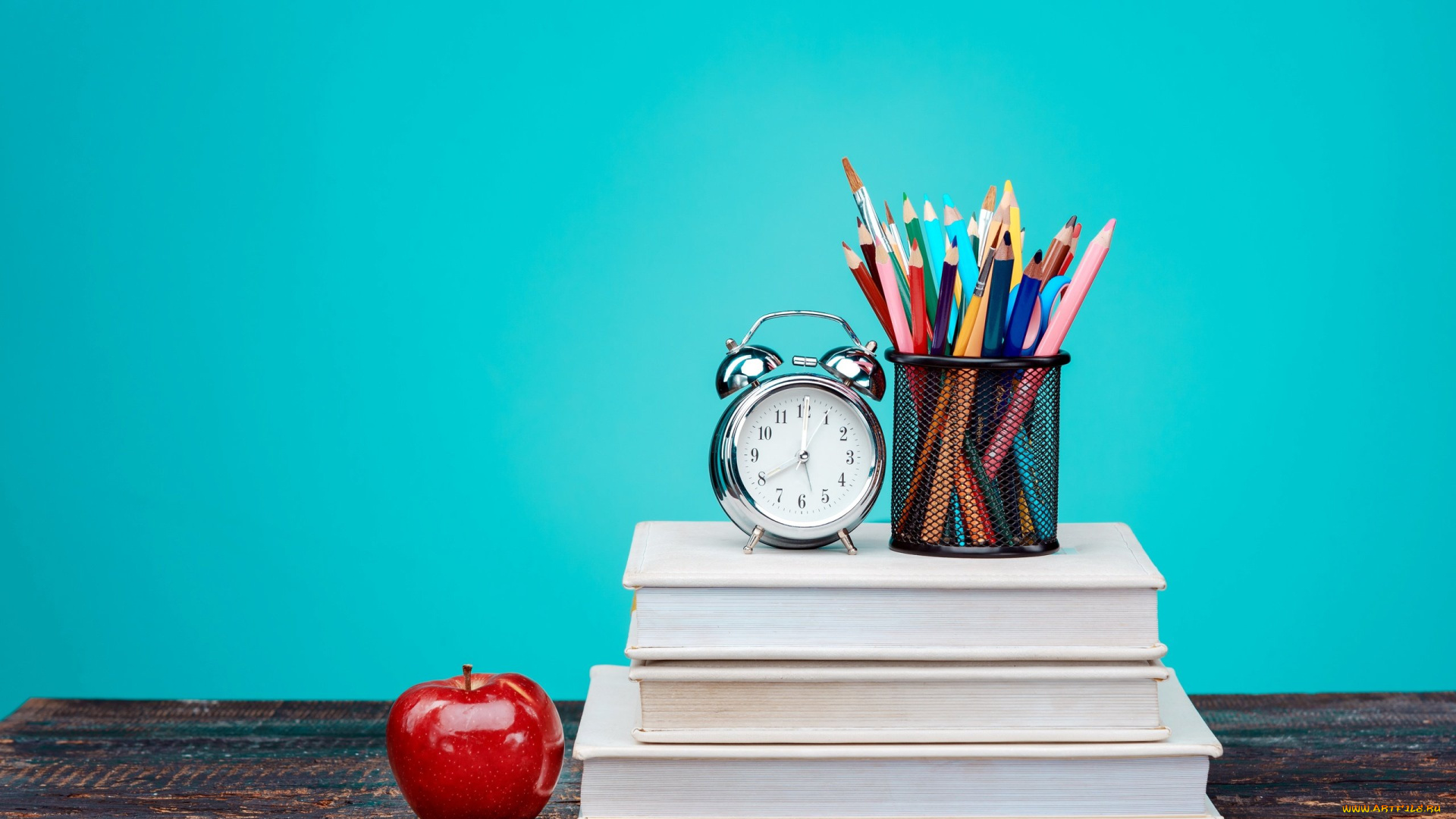 разное, канцелярия, , книги, красочный, часы, книги, карандаши, стол, фон, цветные, будильник, яблоко