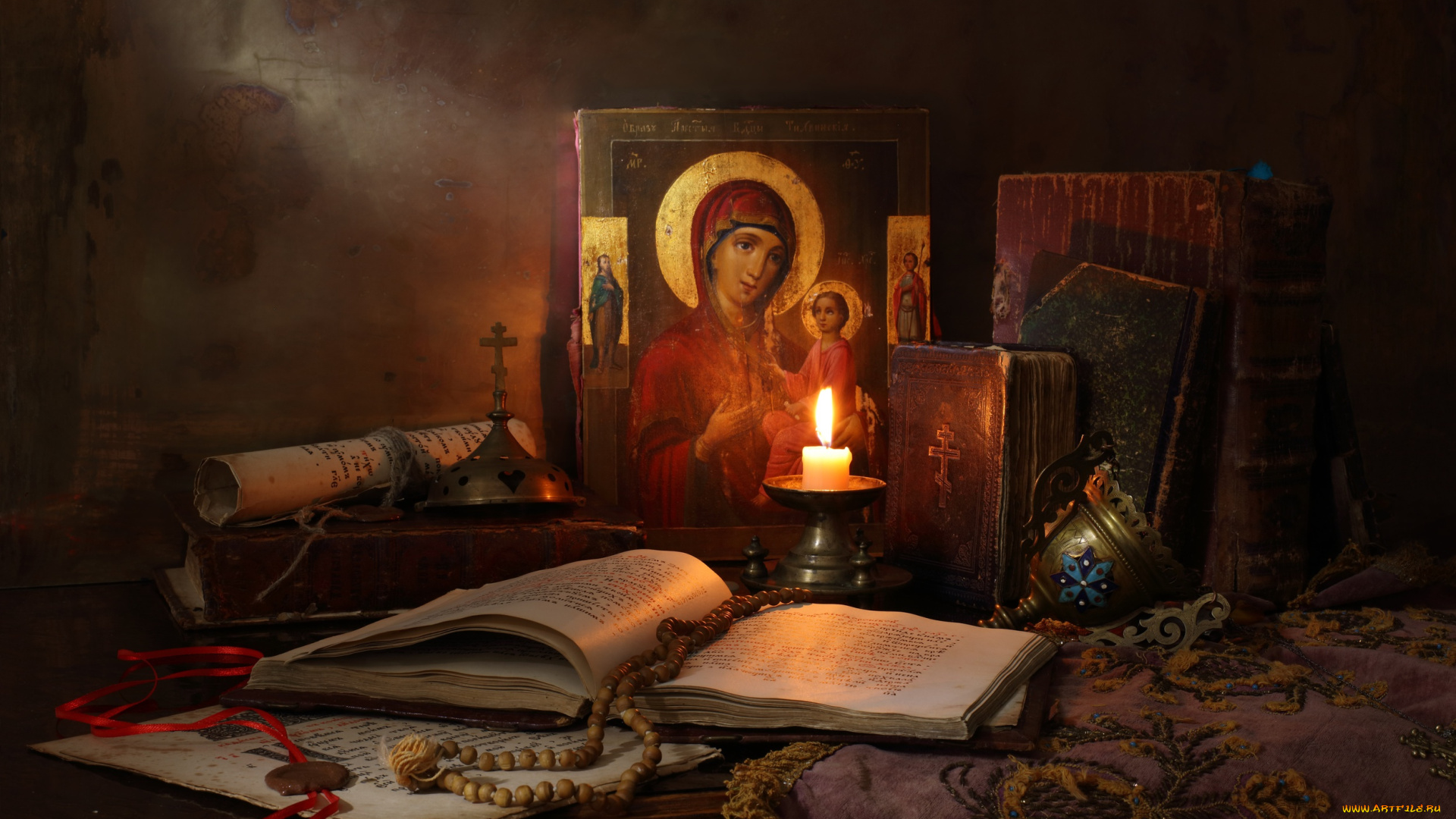 разное, религия, книги, и, свечи, books, and, candle, still, life, with, icon