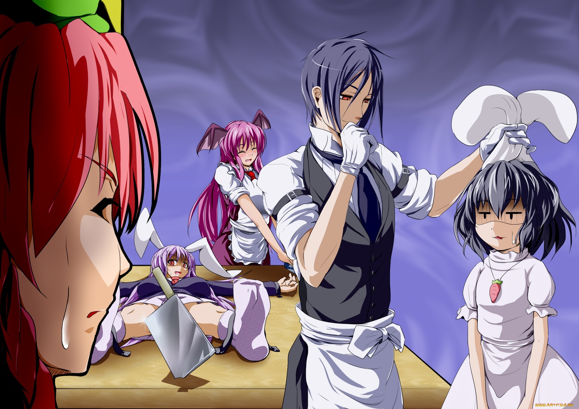 аниме, unknown, , другое, kuroshitsuji, темный, дворецкий, inaba, tewi, koakuma, reisen, udongein, hong, meiling, передник, проект, восток, перчатки, touhou, project, crossovers, sebastian, michaelis, ушки, тесак, костюм