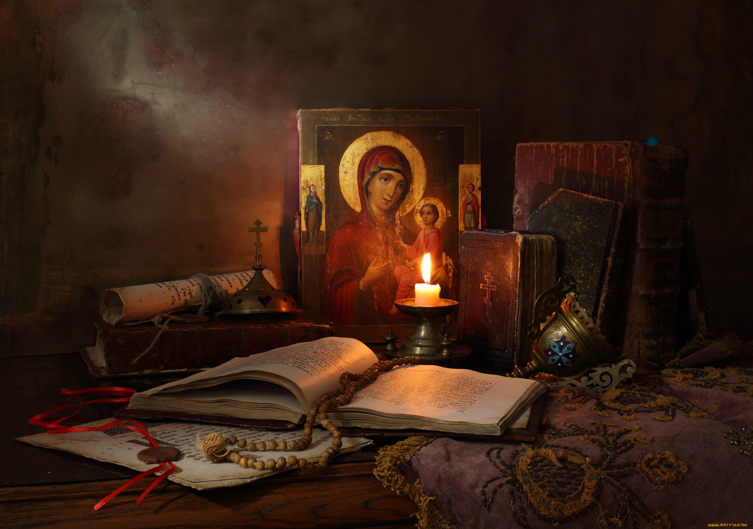 разное, религия, книги, и, свечи, books, and, candle, still, life, with, icon