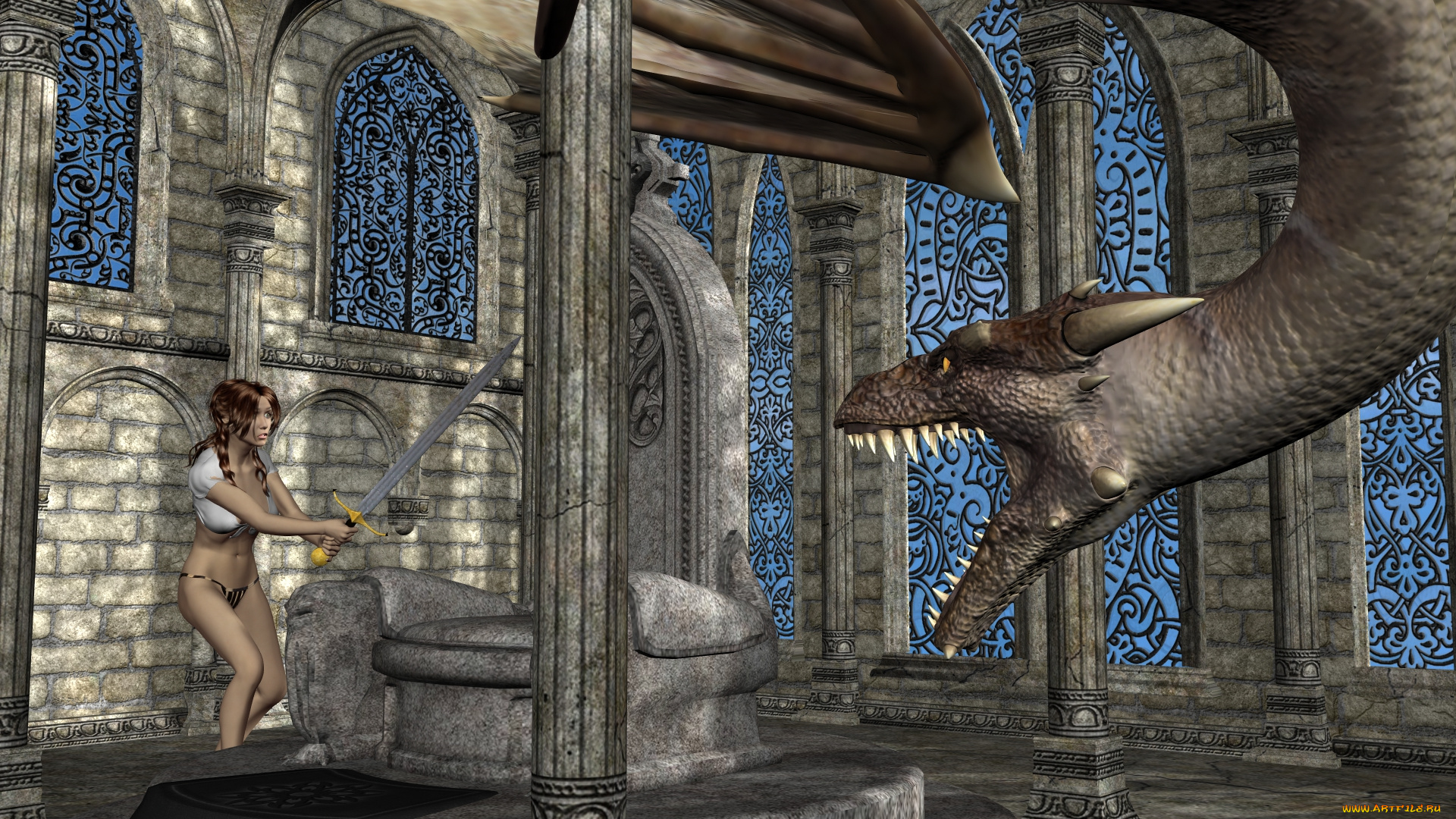 3д, графика, фантазия, , fantasy, дракон, фон, взгляд, девушка