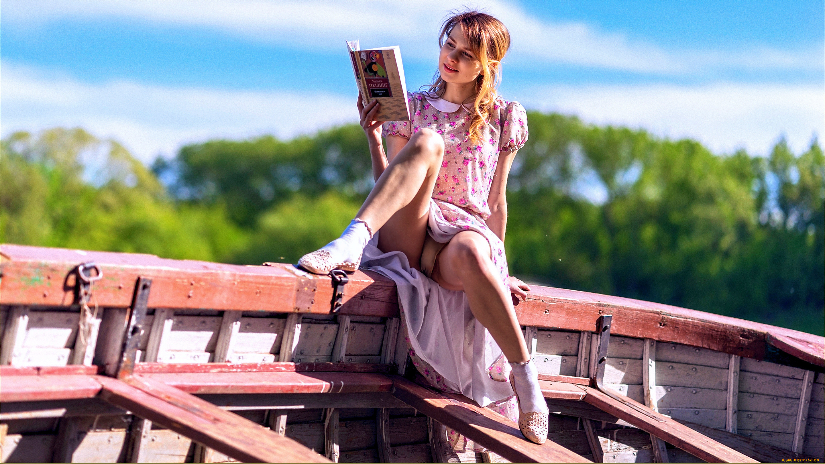 девушки, -unsort, , рыжеволосые, и, другие, книга, лодка, поза