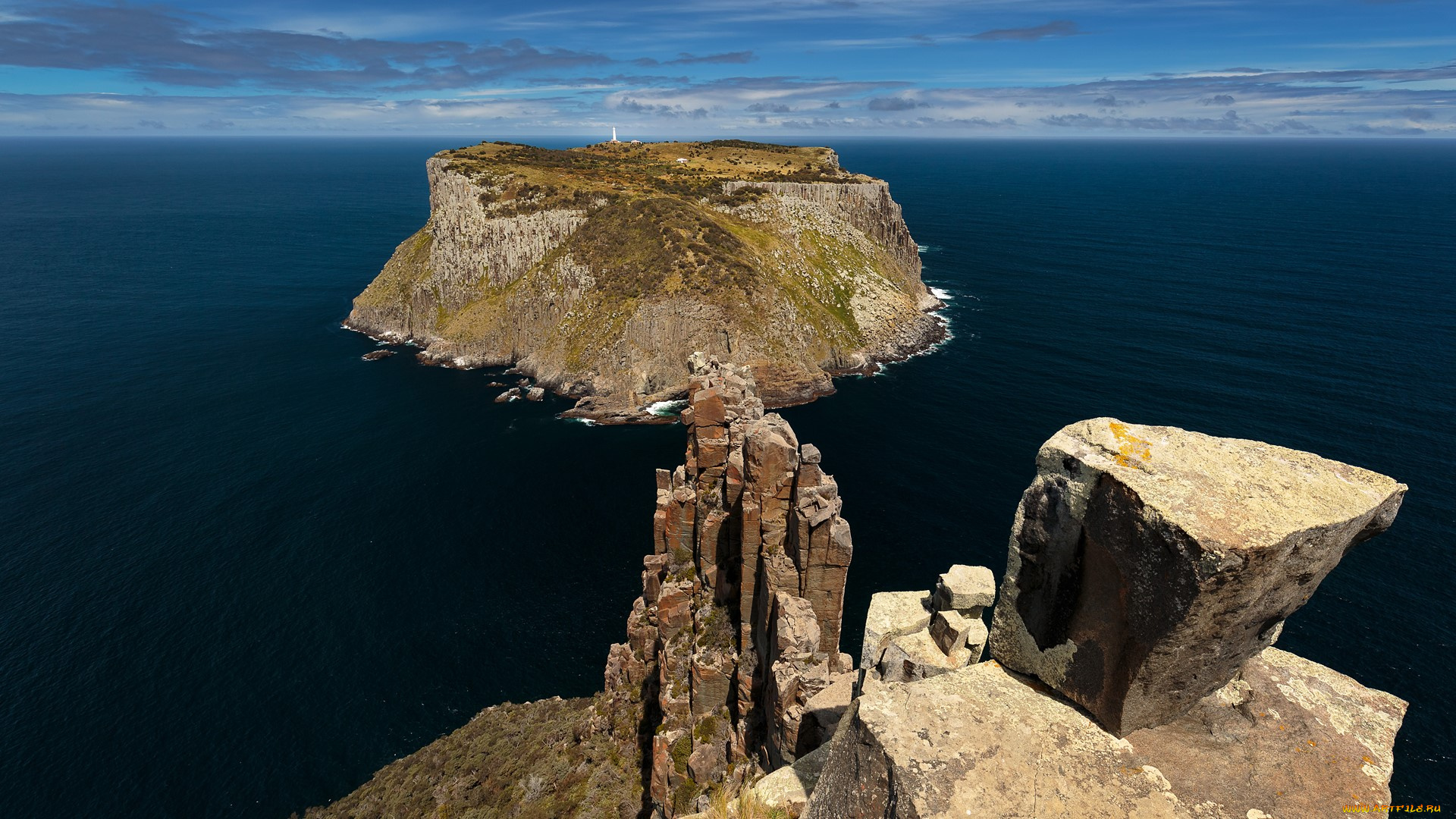 природа, побережье, пейзаж, остров, скалы, скальное, образование, море, вода, облака, небо, горизонт, трава, тасмания, австралия