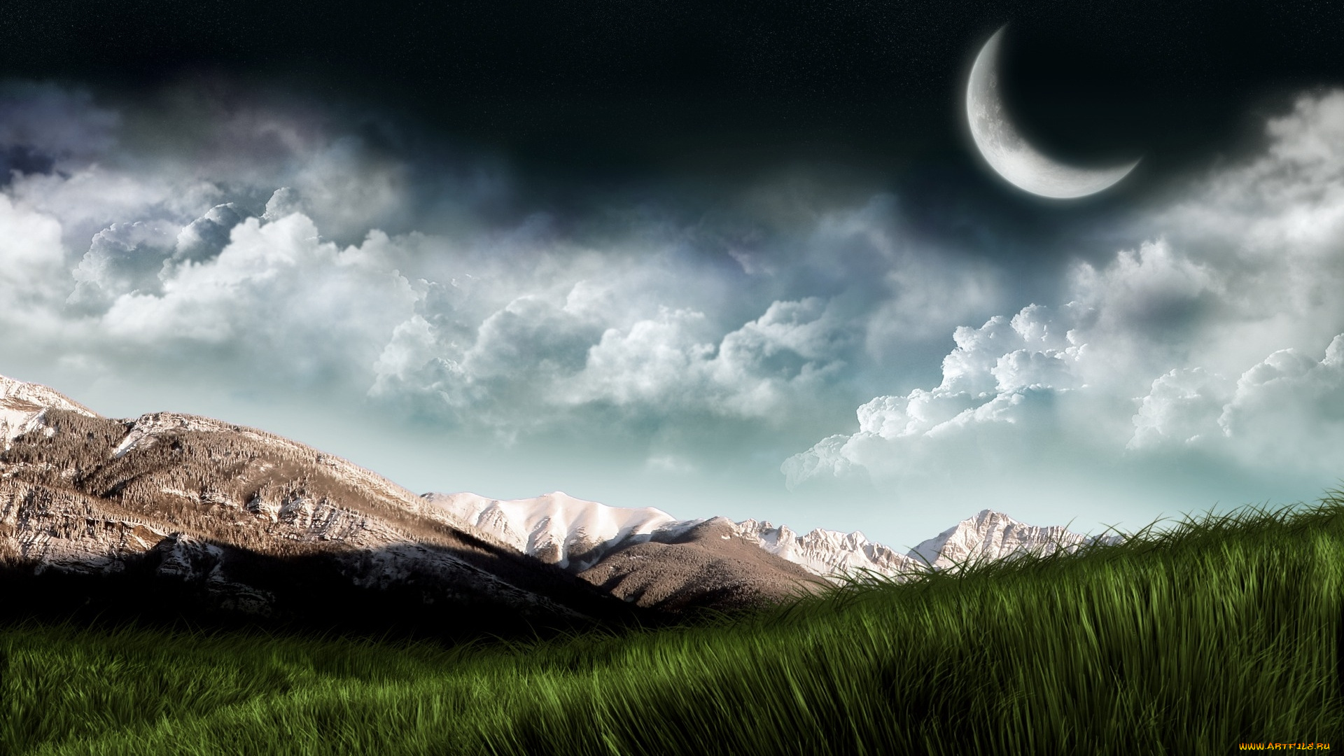 3д, графика, природа, , nature, облака, луна, горы, трава