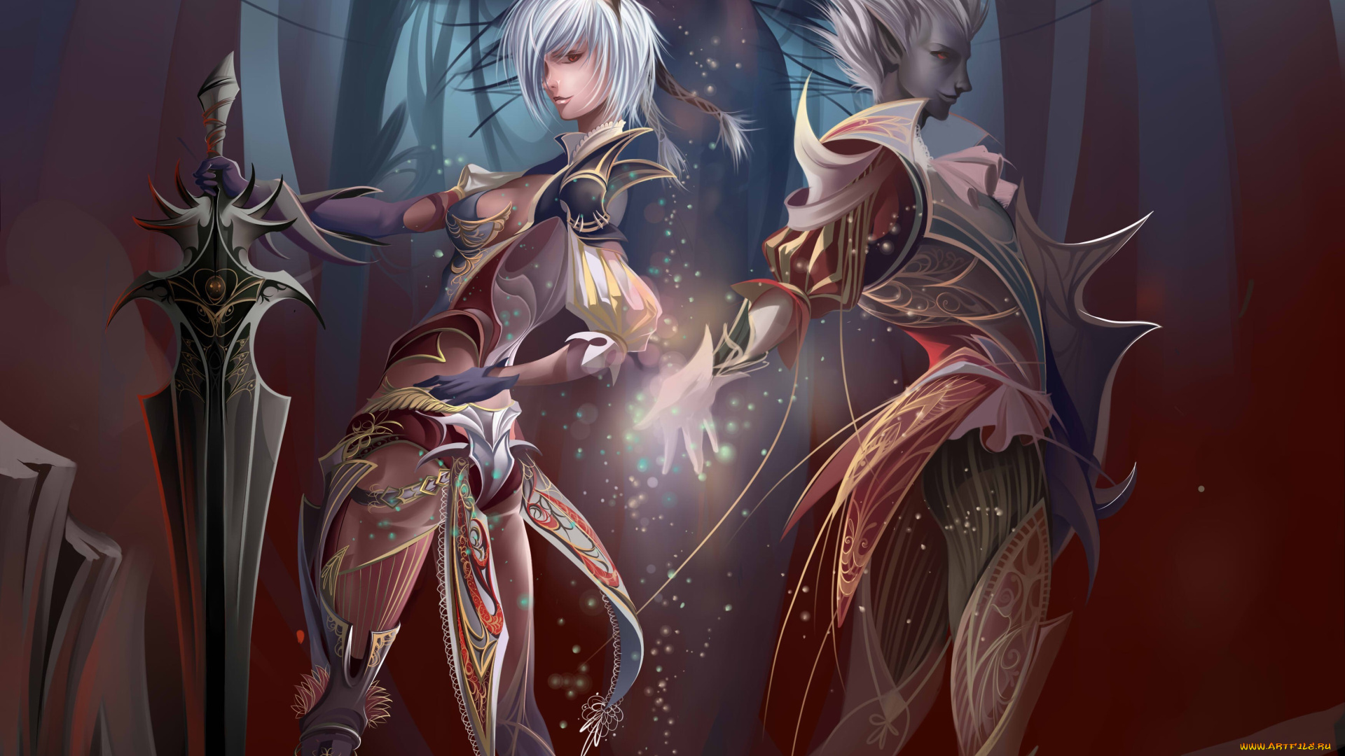 фэнтези, эльфы, девушка, парень, меч, магия