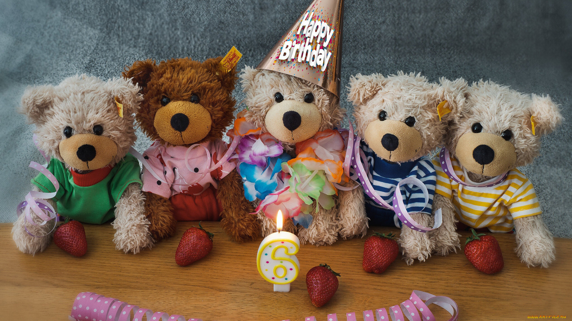 праздничные, день, рождения, плюшевые, медвежата, свеча, клубника