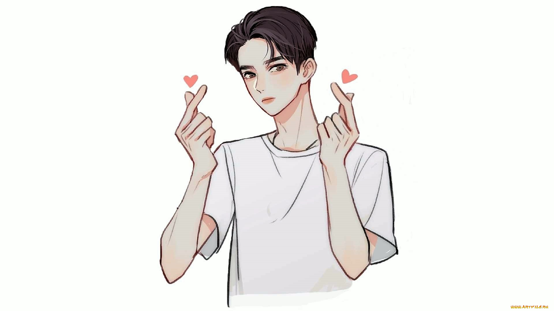 рисованное, люди, парень, сердечки, жест, футболка