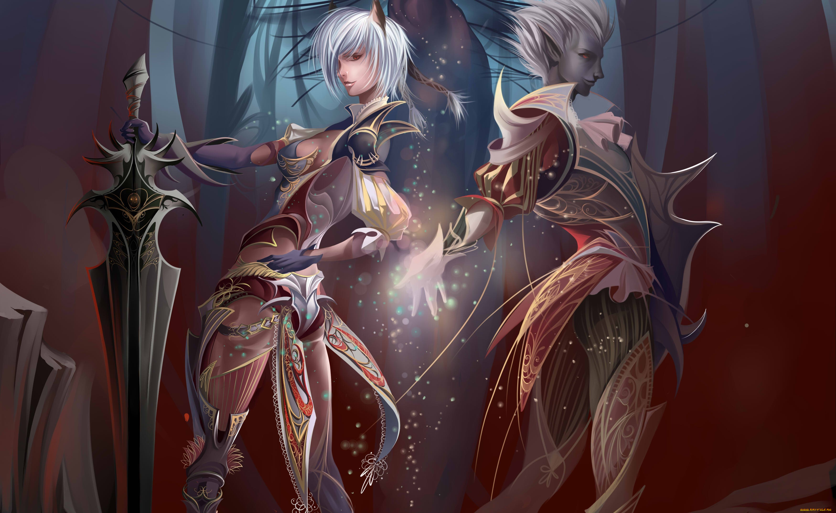 фэнтези, эльфы, девушка, парень, меч, магия