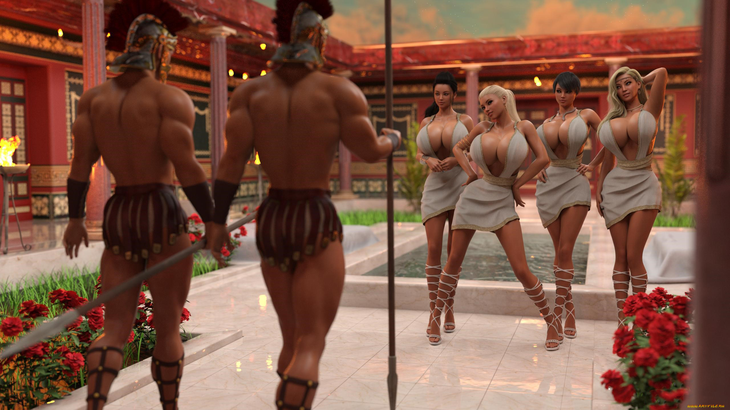 3д, графика, люди, , people, девушки, мужчины, платье, копье