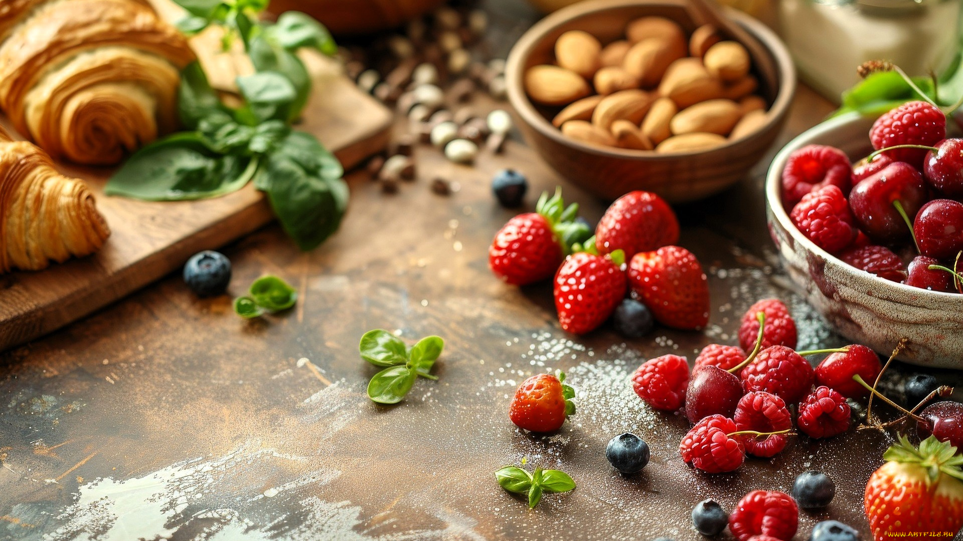 3д, графика, еда-, food, круассаны, зелень, ягоды, миски, клубника, черника, малина, орехи
